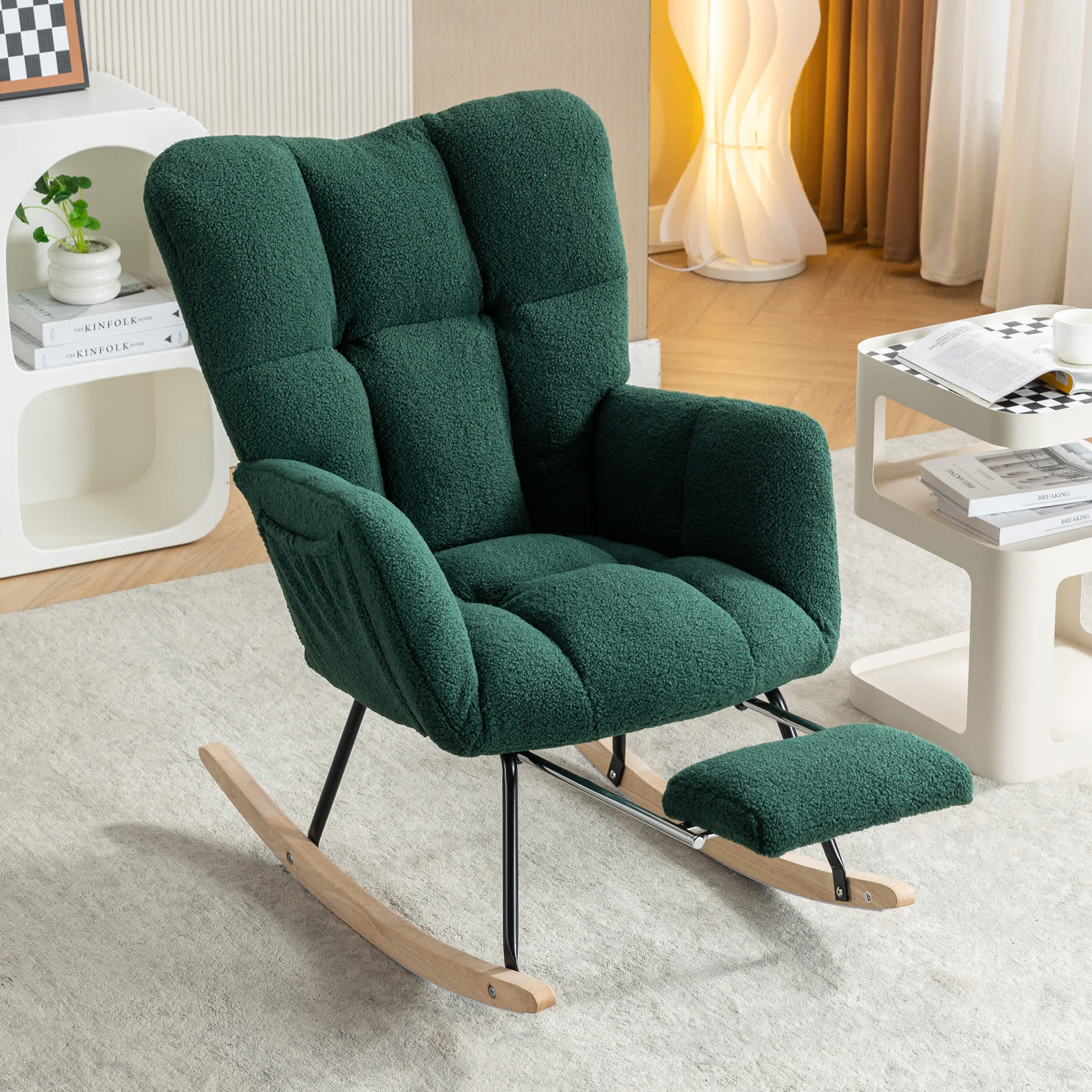 Vynxaria Rocking Chair with Adjustable Footstool High Backrest Storage ...