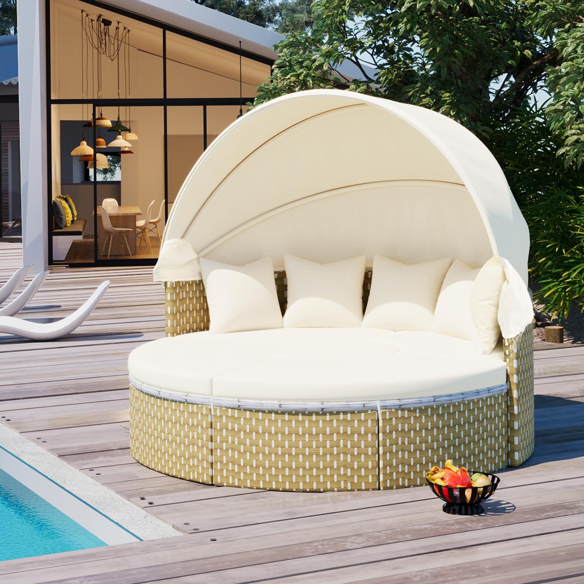 4-Piece Patio Round Sectional Sofa Sunbed Set Rattan Outdoor Sectional with Off-white Cushion(S) and Rattan Frame | - Bayfeve BFTP-23A-PCS