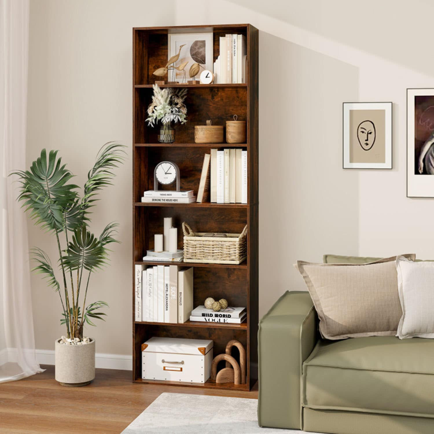 LUCKY ONE - 6 Tier Bookcase with 6 Open Shelves and Anti Tip Wall Anchor Kits in Rustic Brown