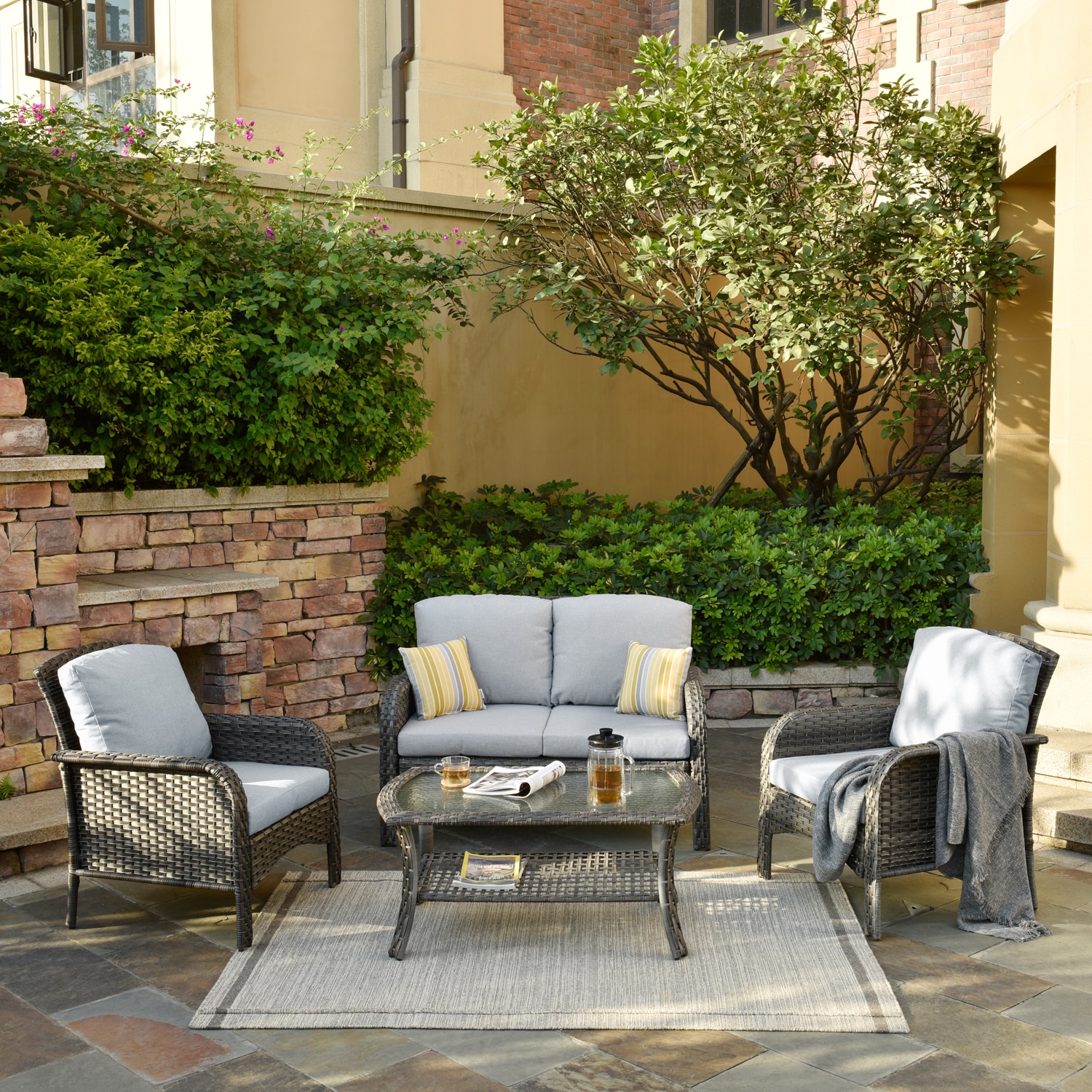 Ovios - New Augtus 4 -Piece Rattan Patio Conversation Set with Gray Cushions Included