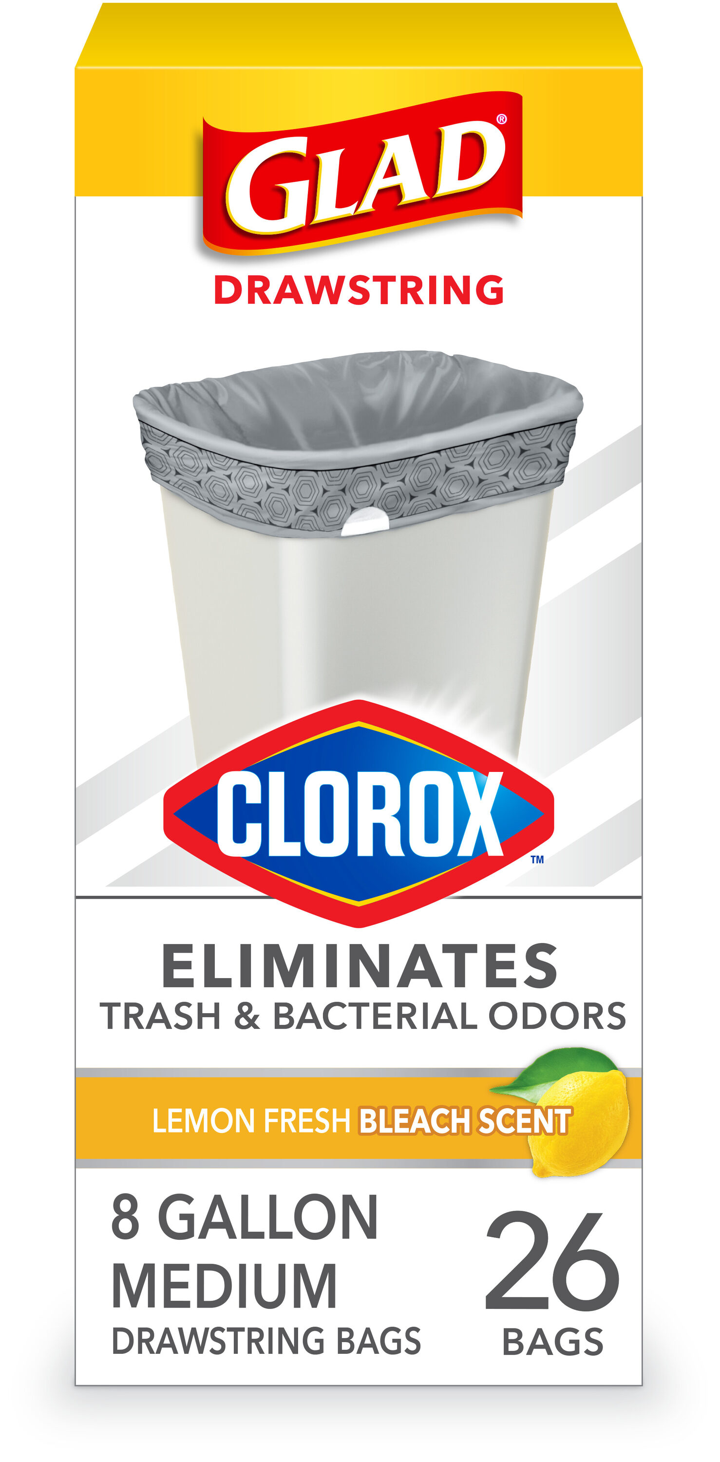 Glad 1258779316 With Clorox 8-Gallon Lemon fresh bleach Gray Indoor Plastic Wastebasket Drawstring Trash Bag 26 -Count