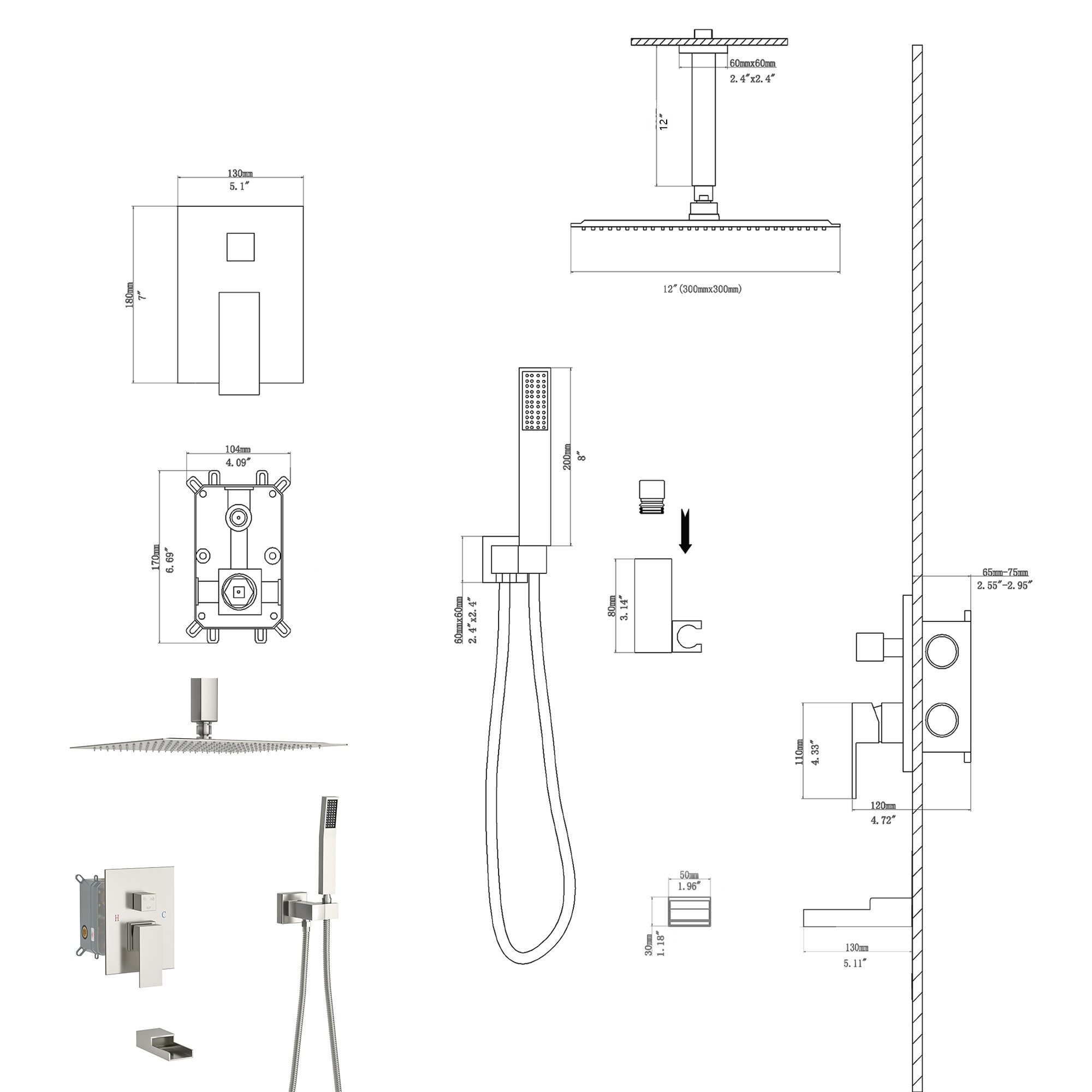 Brushed Nickel Ceiling Mounted Rain Shower System with Handheld