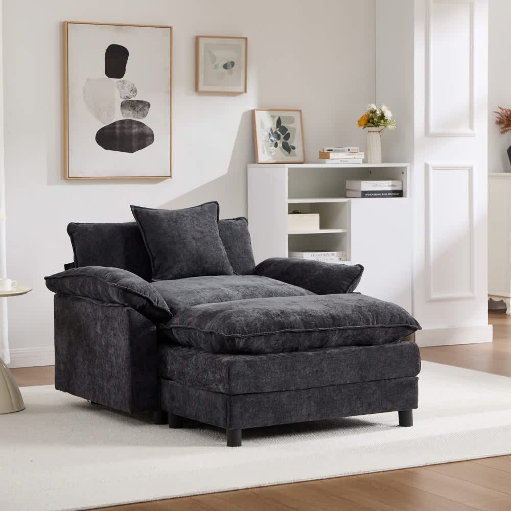 Coolbibila - Set of 2 Modern 57 in Black Chenille Upholstered Accent Chair with Ottoman Wood Fram...