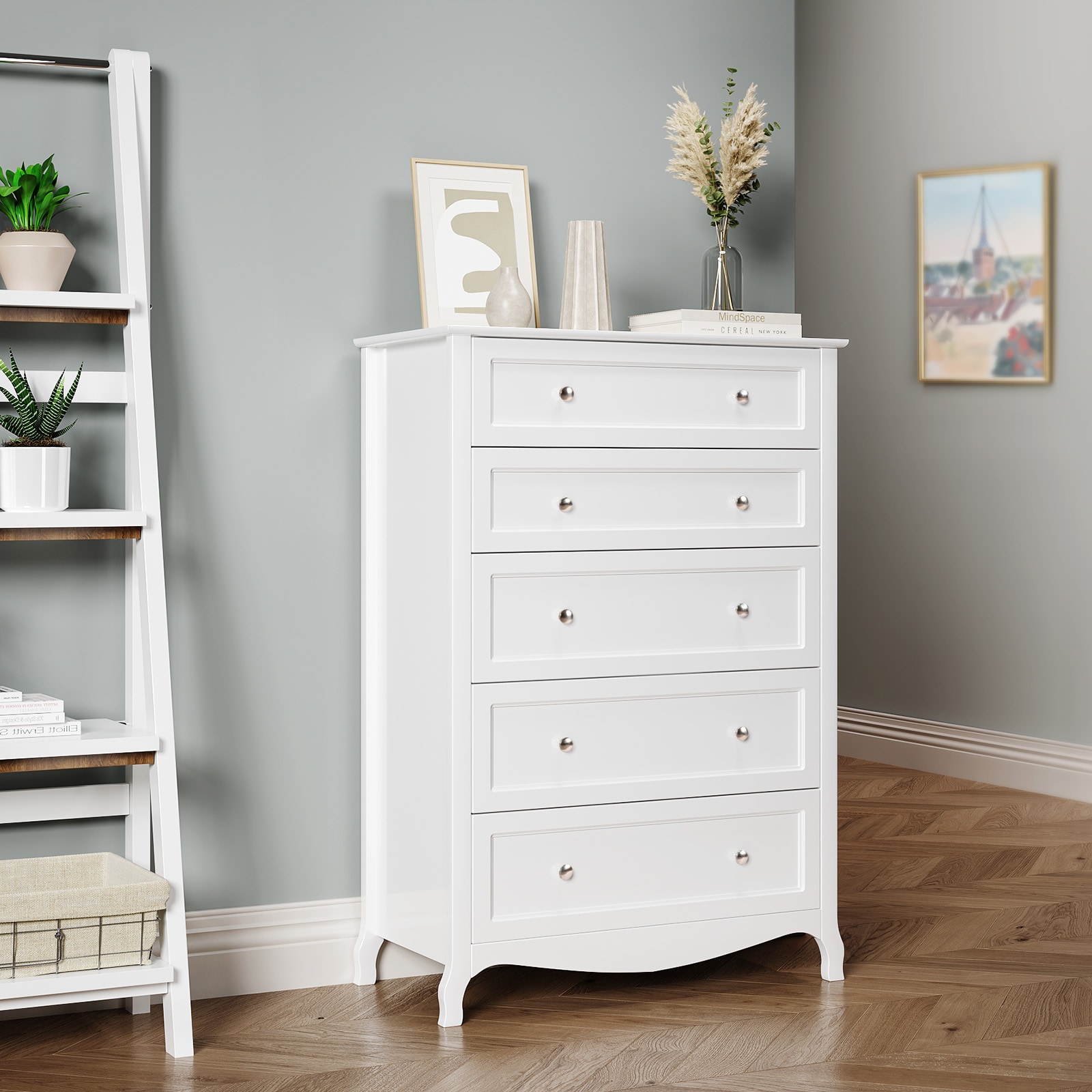 white five drawer dresser Garvee 5 for Bedroom, Wood Dresser with Deep Space & Metal Knobs, Tall Dresser Closet Organizer, Modern Chests of Drawers for Living this dresser features five spacious drawers that slide smoothly on a metal glide system VINGLI 30W x 16D 45H