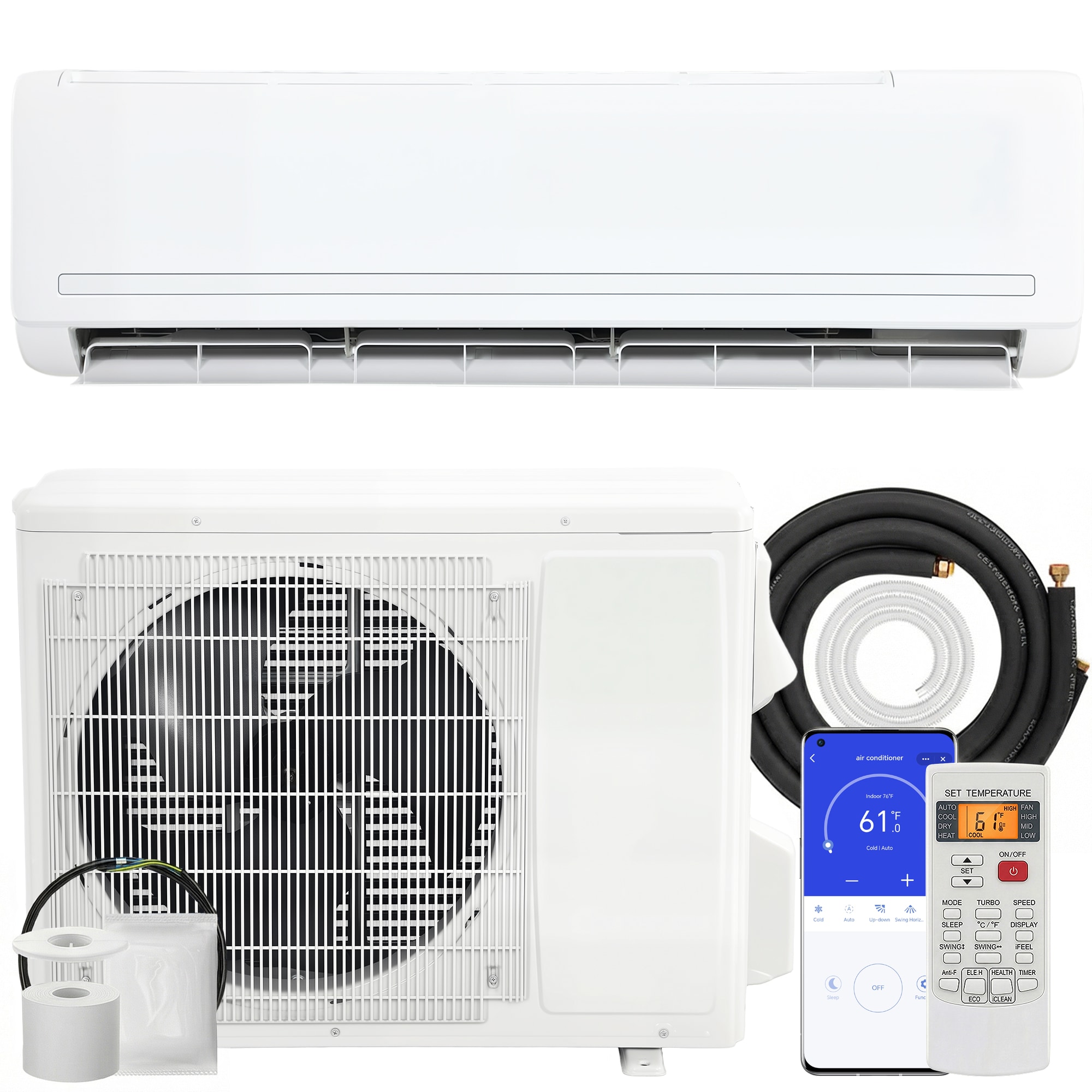 HomCom 24000 BTU Mini Split Air Conditioner and Heat Pump 19 SEER2 230V WIFI Enabled Energy Efficient Ductless Inverter AC Unit Cools up to 1500 Sq.Ft Works with Alexa with Installation Kit #823-P010
