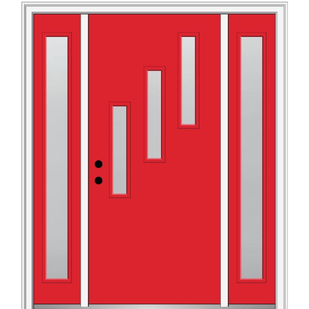 MMI DOOR ZZ350646R Spotlights 60-in x 80-in x 6-9/16-in Fiberglass Pulse lite Right-hand inswing Red Saffron Painted Prehung Front Door with Sidelights with Brickmould Insulating core