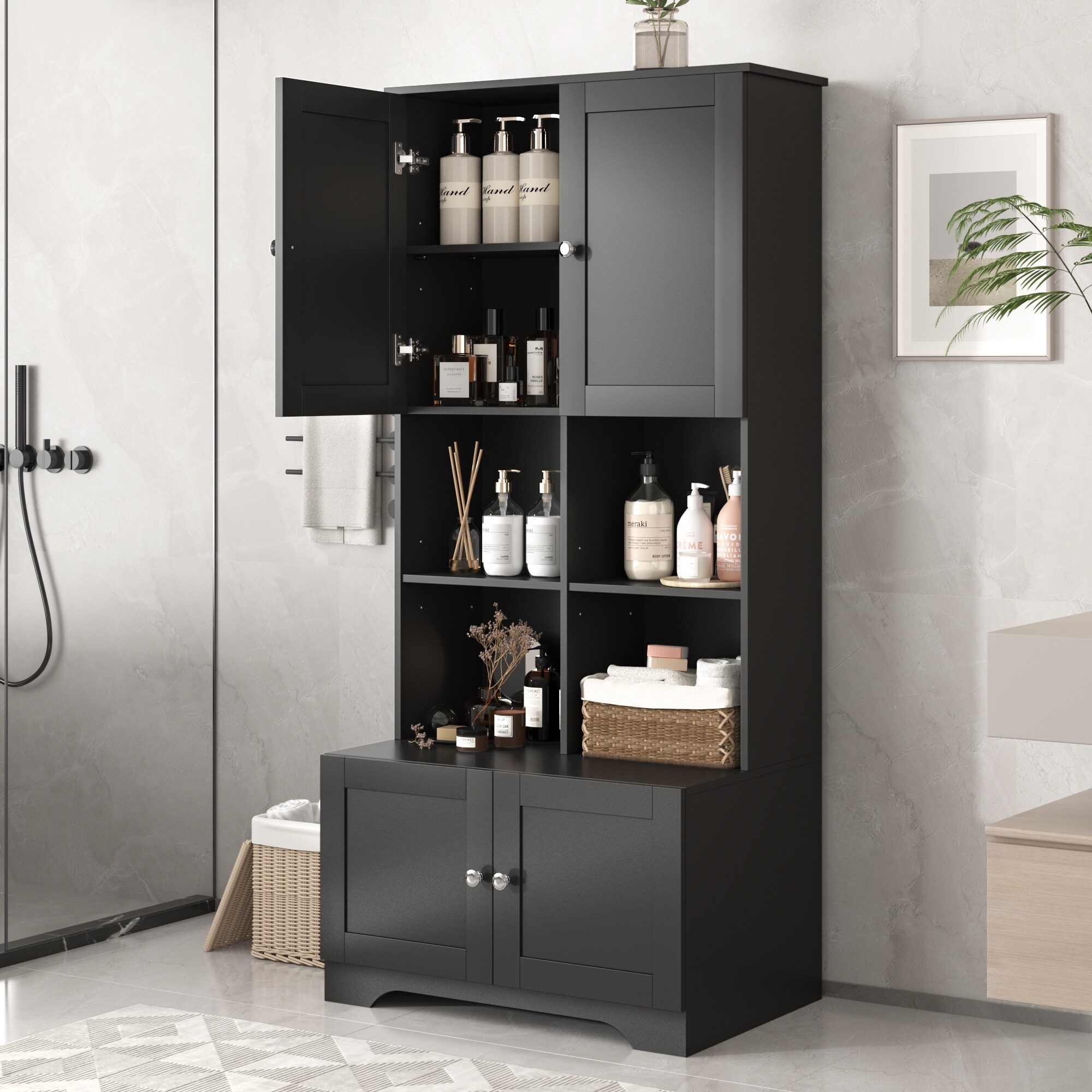 LOVMOR SF-H-N725P179705B Adjustable Shelf Bathroom Cabinet with Open Storage