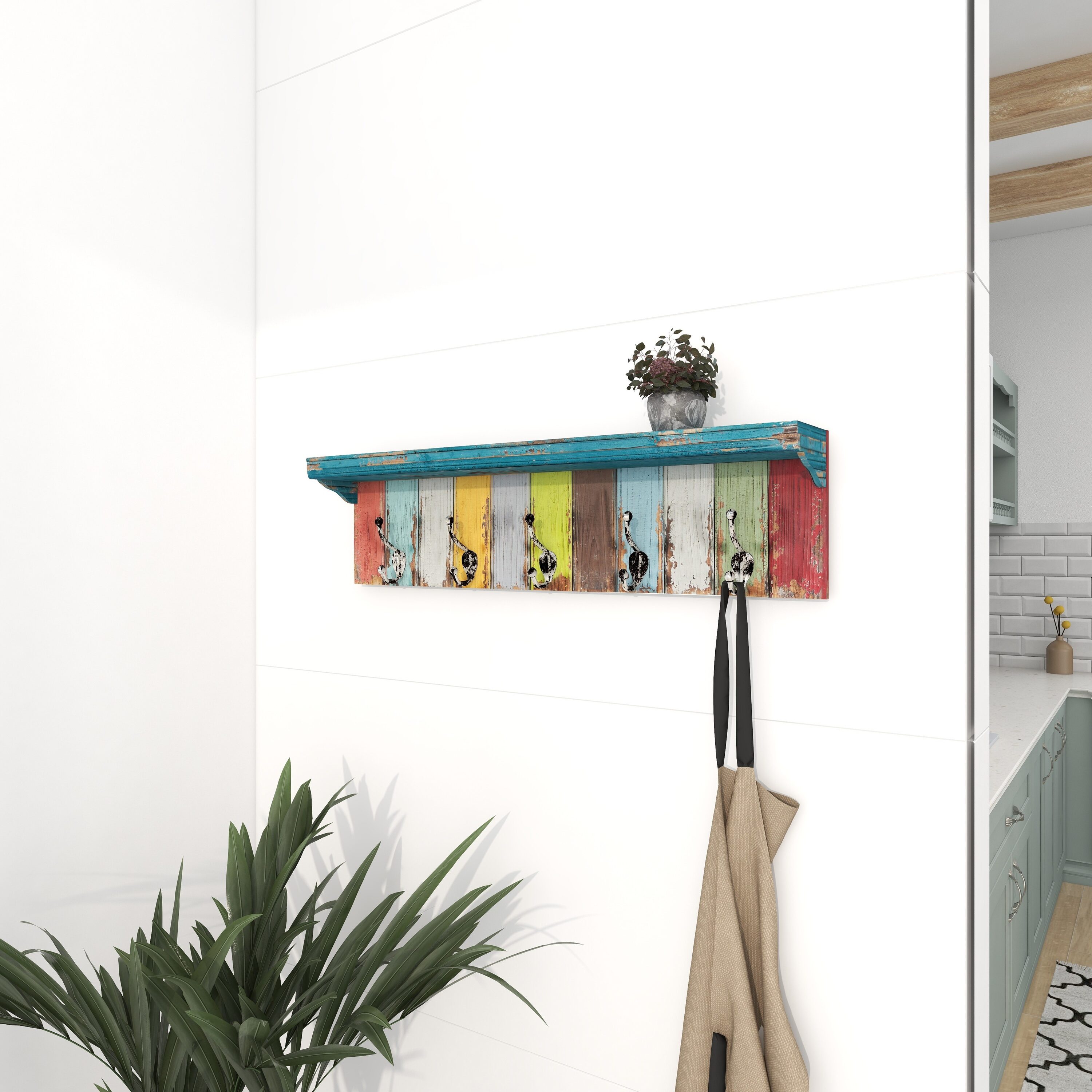 Rustic Multicolor Wood and Metal Wall Hook with Shelf