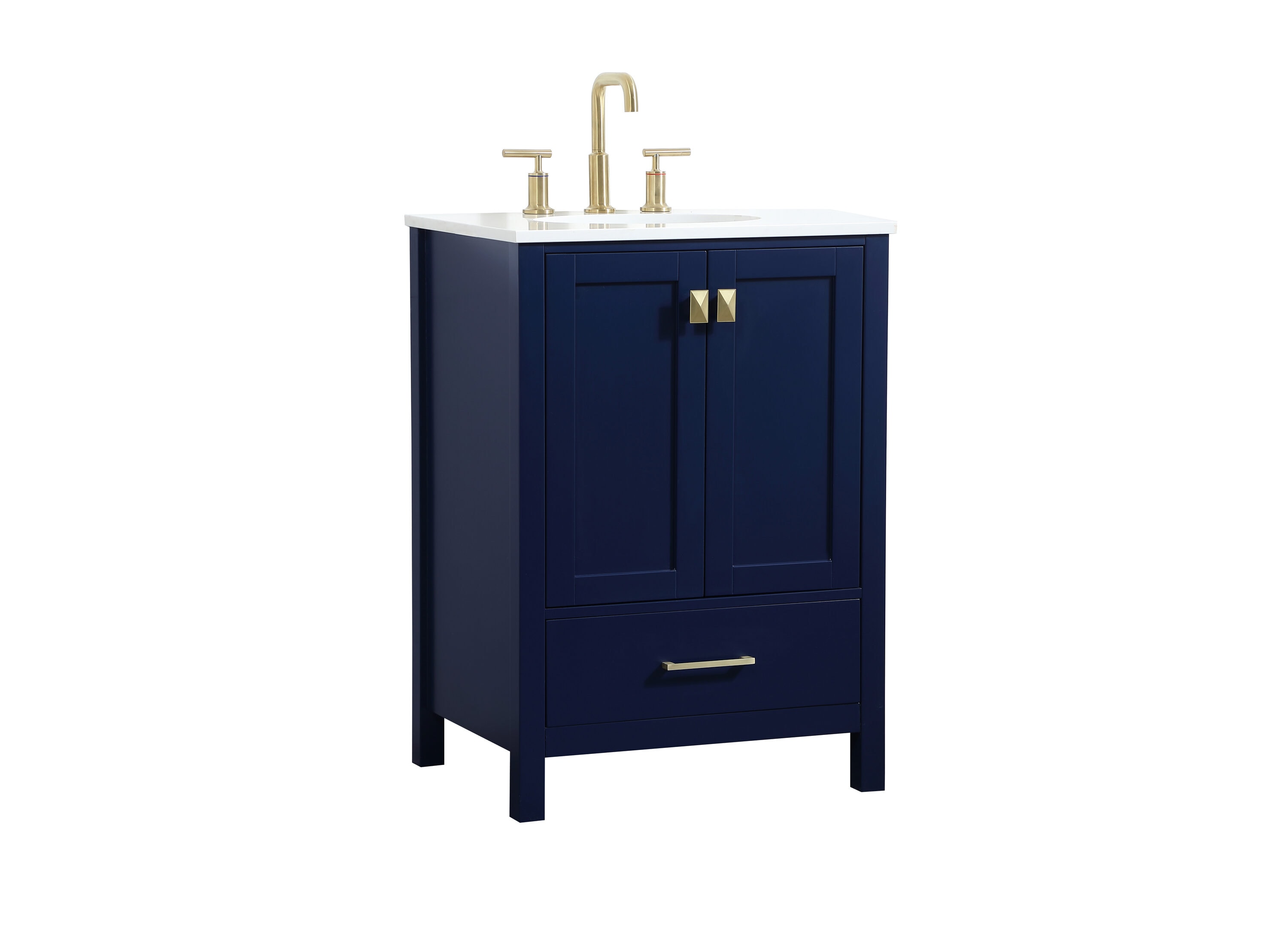 Blue MDF Single Bathroom Vanity with Gold Pulls and Quartz Top