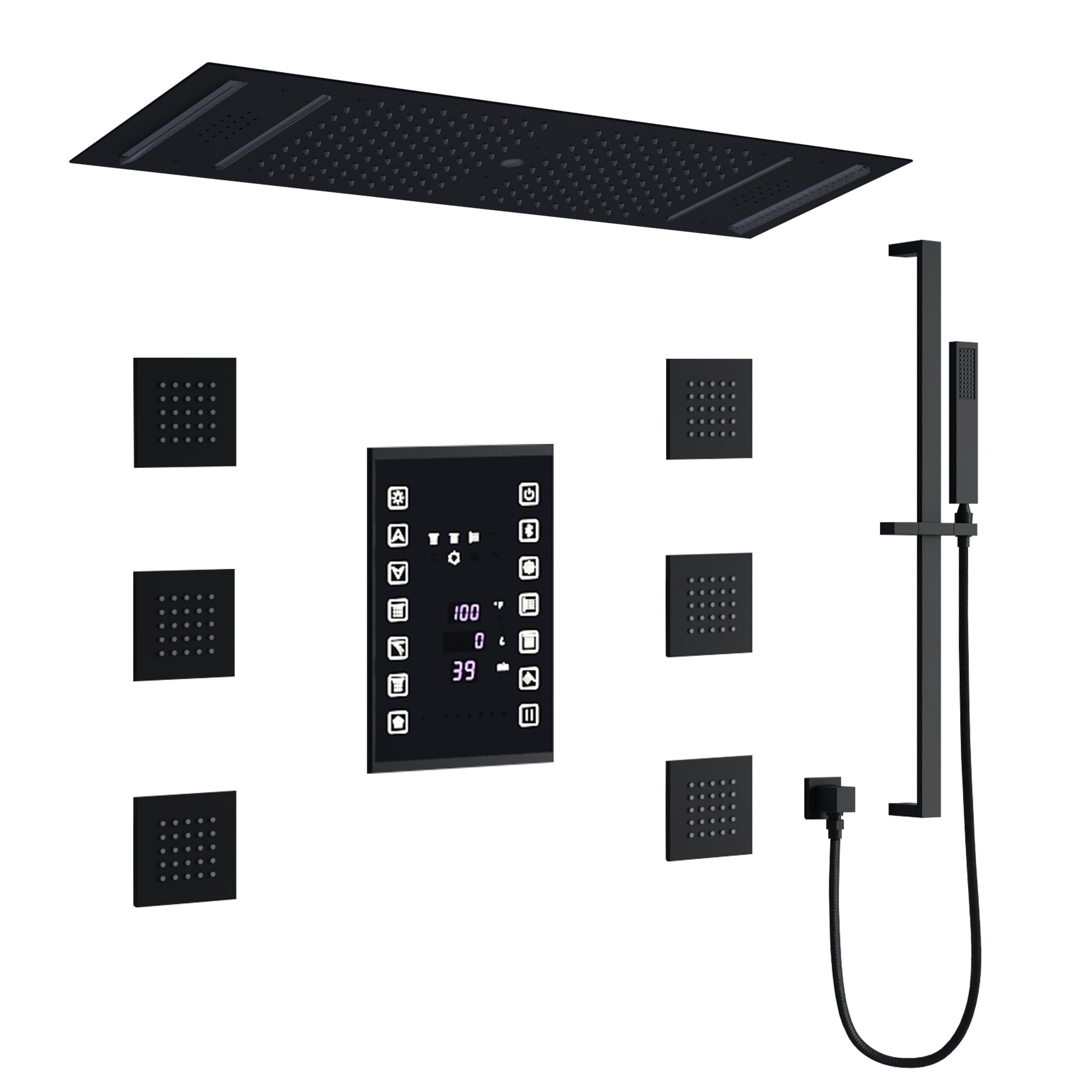 CASAINC BR01011HHCKMB 35.43" Flush-Mount LED Bluetooth Music Rainfall Shower System with Smart Touch Screen Display Matt Black 11.81-in Waterfall Dual Head Shower Panel System with 3-way Diverter ( Thermostatic Valve Included )