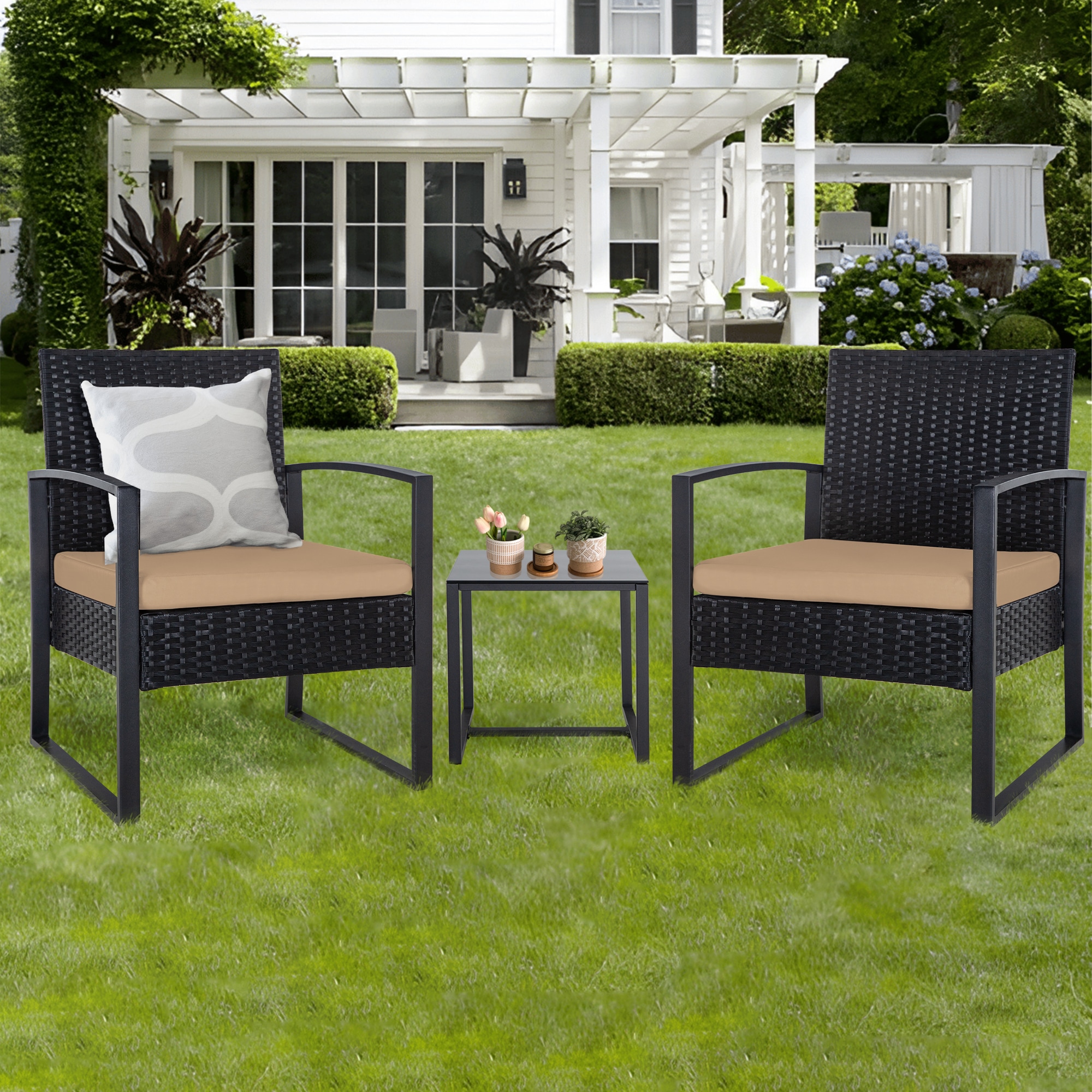 EarlGrove DJ-MZ243102 3 -Piece Wicker Patio Conversation Set with Brown Cushions