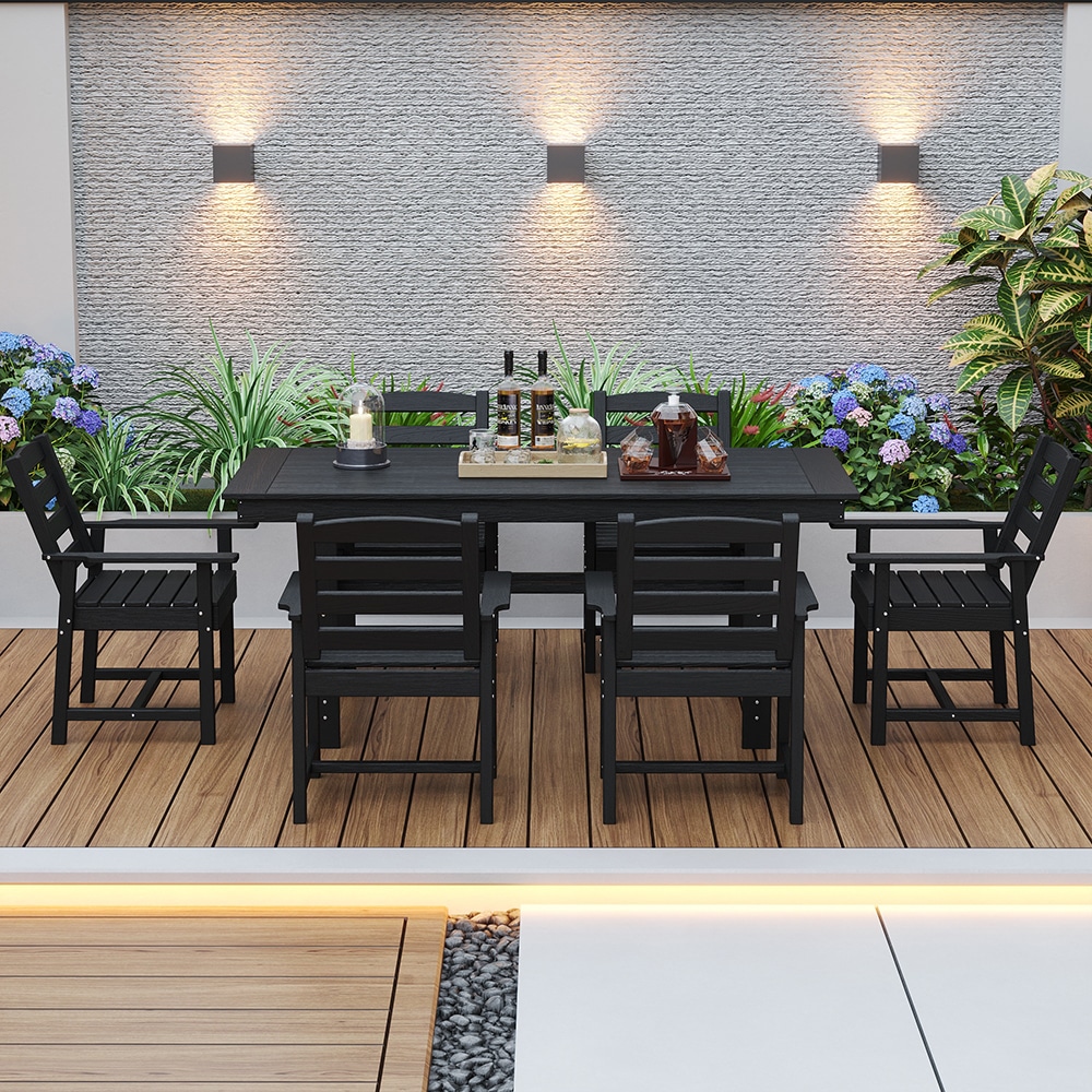 Homsee  7-Piece Black HDPE Rattan Outdoor Dining Set with Rectangle Table with Umbrella Hole and 6 Stackable Chairs Table Size 70.9''L x 32.7''W x 30.1''H