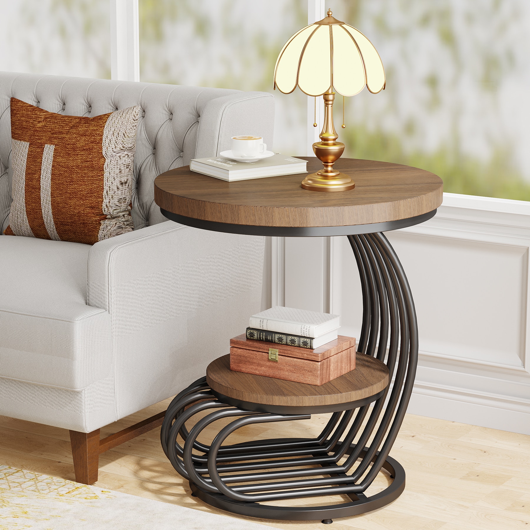 Fnova LWTJ-NY202 End table 20-in W x 25-in H Brown Wood Round Industrial End Table