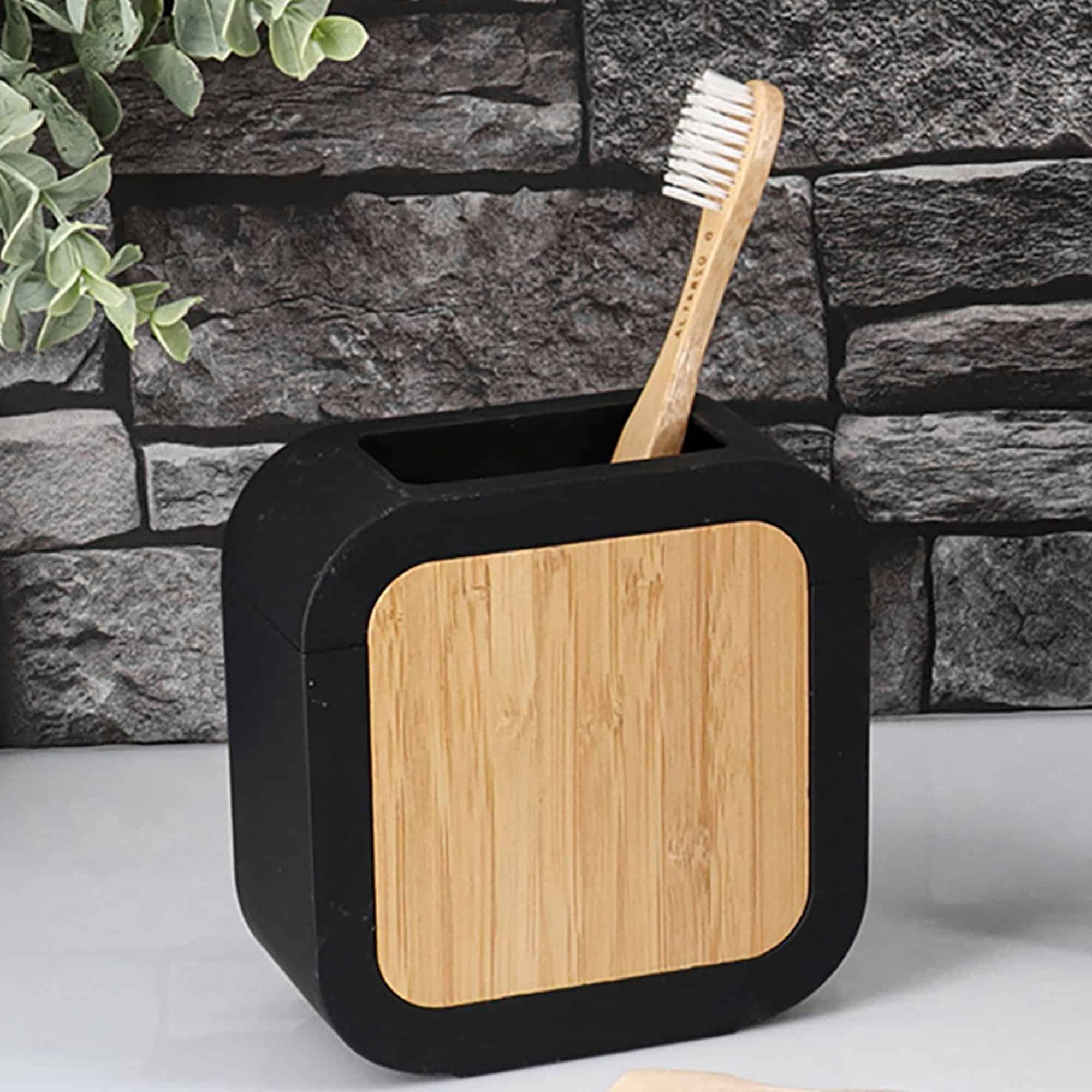 EVIDECO FRENCH HOME GOODS Modern Toothbrush Holder Black Rubber and Bamboo