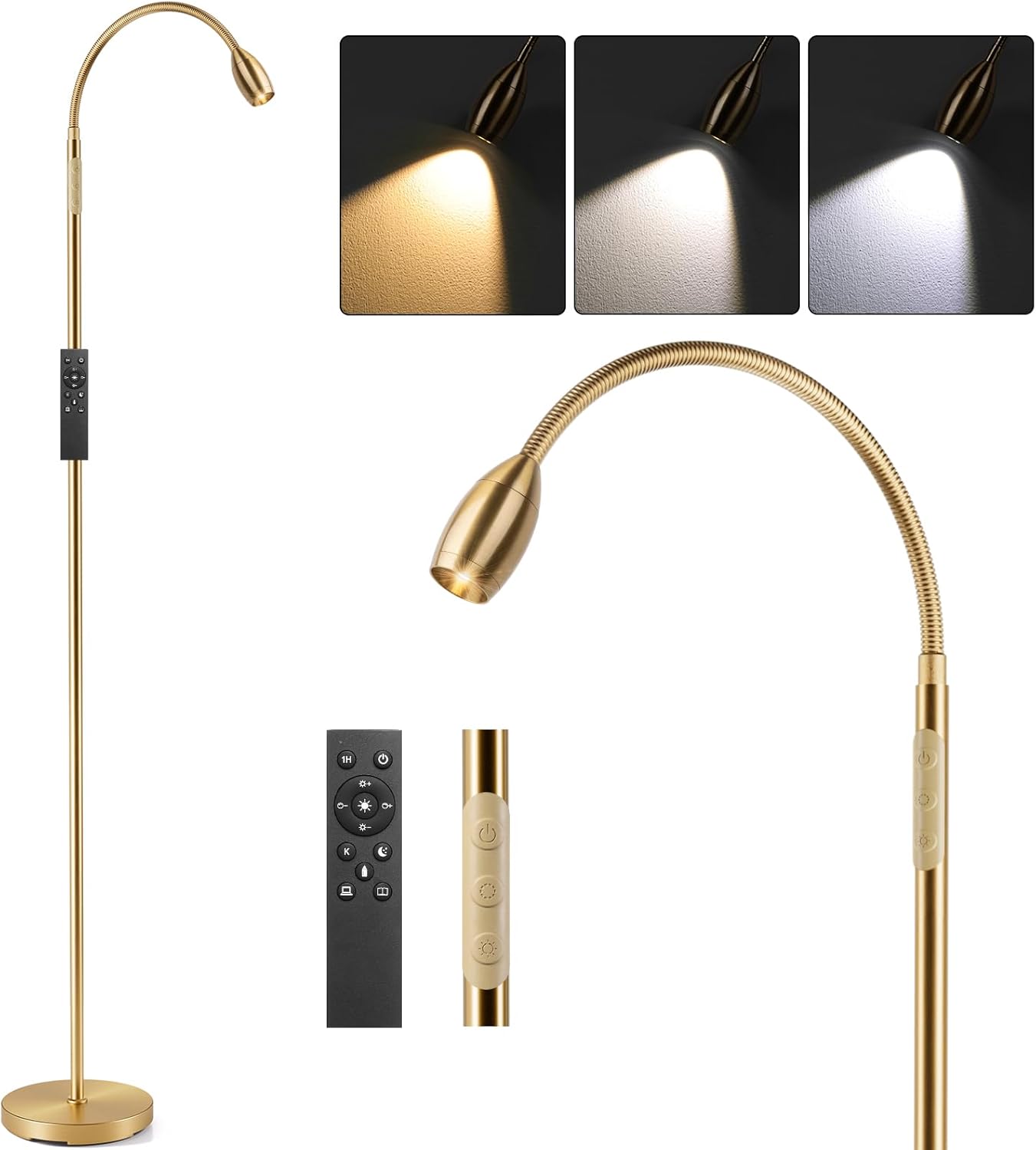 Nordic Hygge WL-FLL-007-F2-GD-1 Reading Floor Lamp 72 Tall LED Lamp with Flexible Gooseneck Dimmable Zoomable Spotlight Adjustable Color Beam Standing Lamp