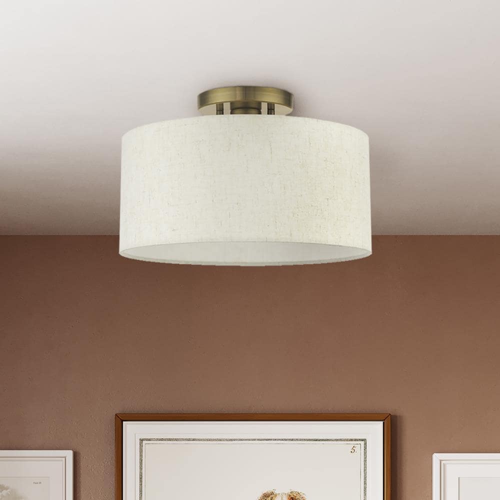 Elegant Antique Brass Drum LED Semi-Flush Mount Light, 13"W