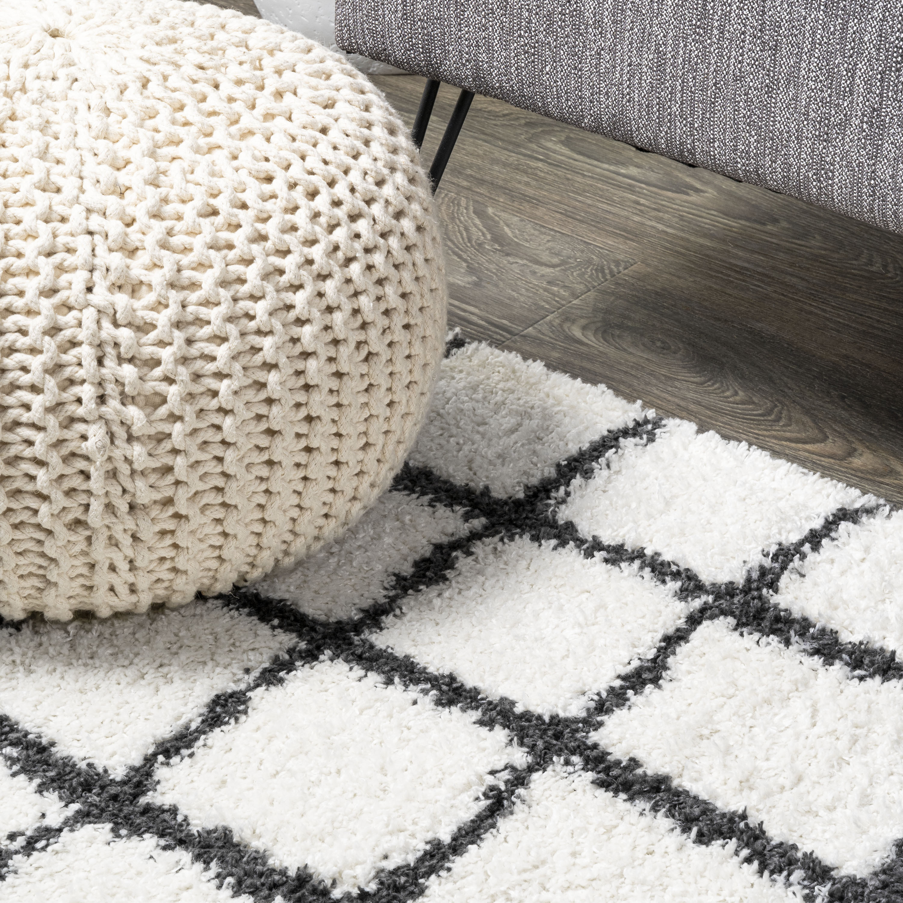 Ivory and Black Moroccan-Inspired Geometric Shag Rug