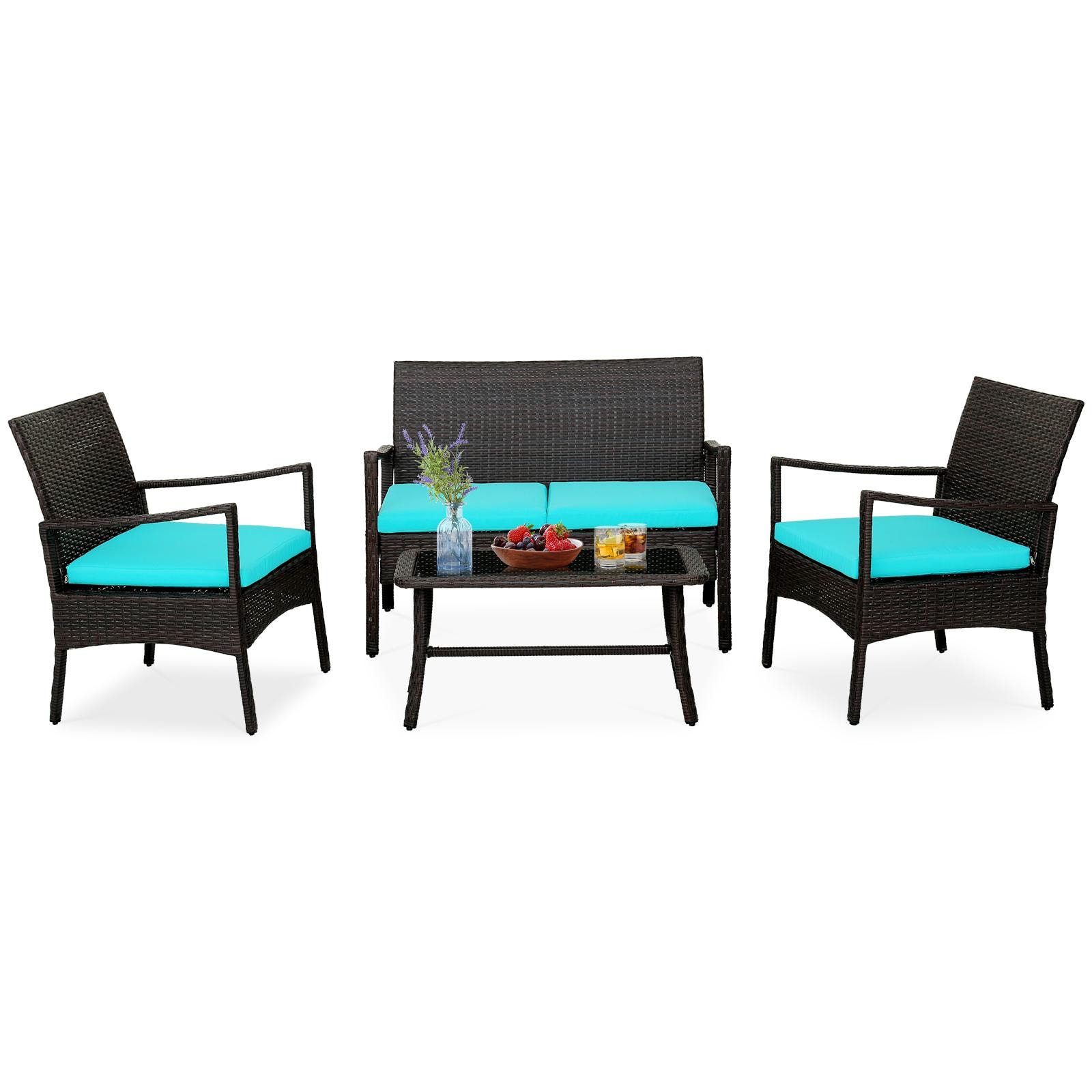 BABOOM BOM-70954TU-CO 4 -Piece Rattan Patio Conversation Set with Blue Cushions