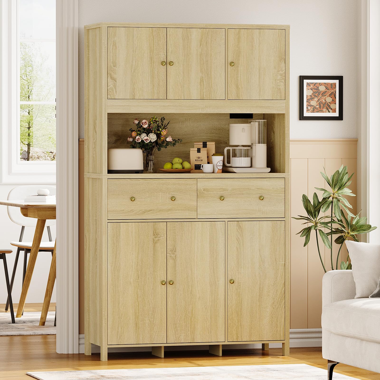 Garvee 41.7-in W x 70.9-in H x 9.8-in D Wood Pantry Cabinet with Built-in Charging Station for Kitchen Dining Room Entryway