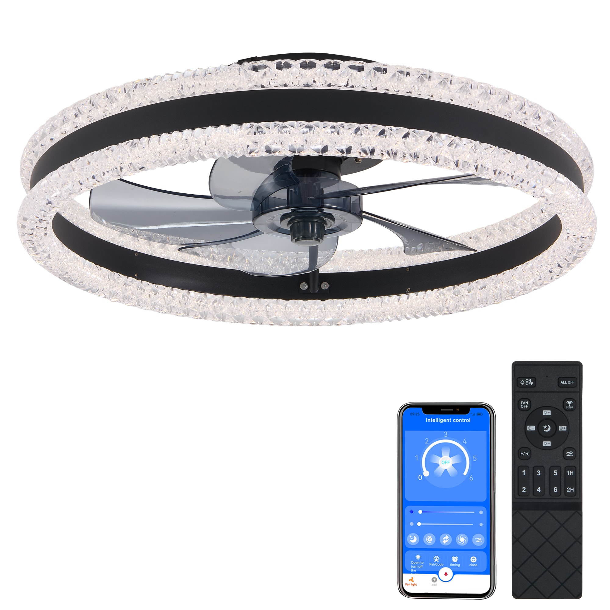 Sunrinx 20-in Black with LED Flush Mount Smart Fandelier Ceiling Fan With Light 5 -Blade