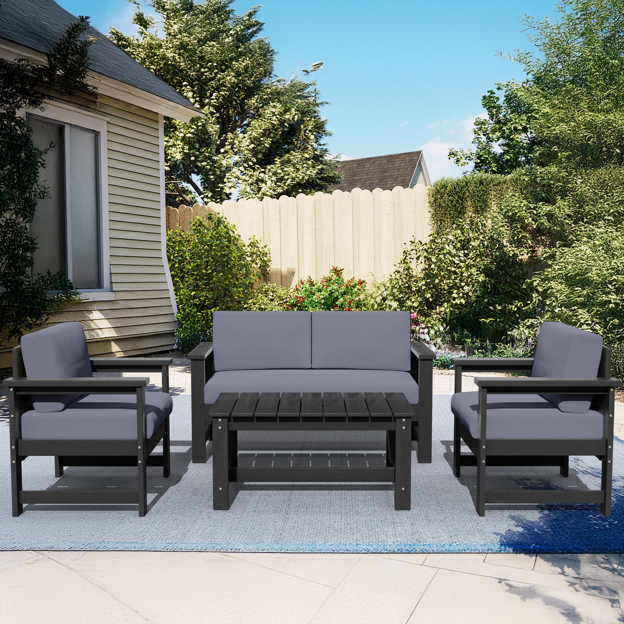 VOUA JJSF04-GY HDPE Outdoor Sofa Set for 4 with Coffee Table 4 -Piece Patio Conversation Set with Gray Cushions