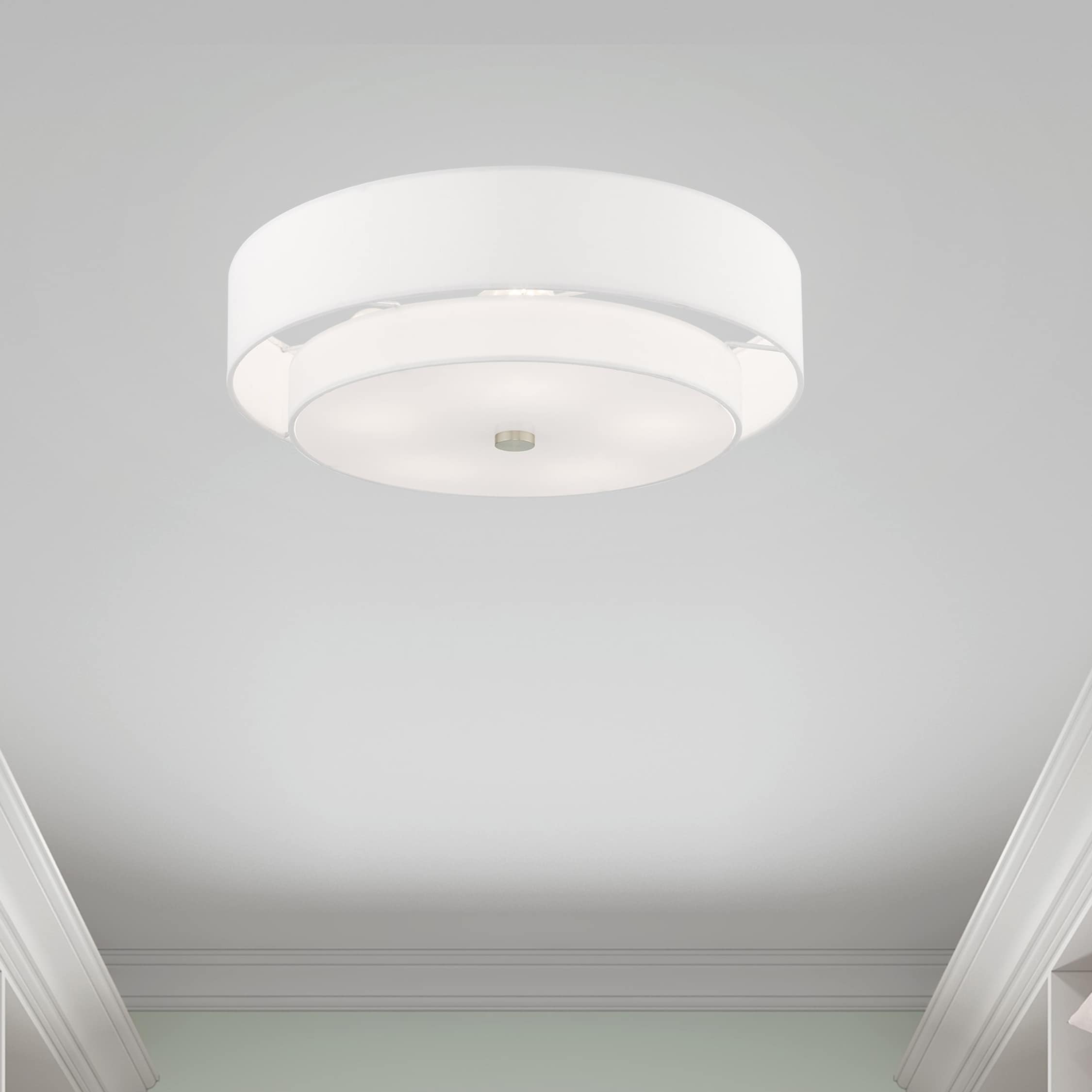 Meridian Brushed Nickel 5-Light Indoor Drum Flush Mount with Off-White Shade