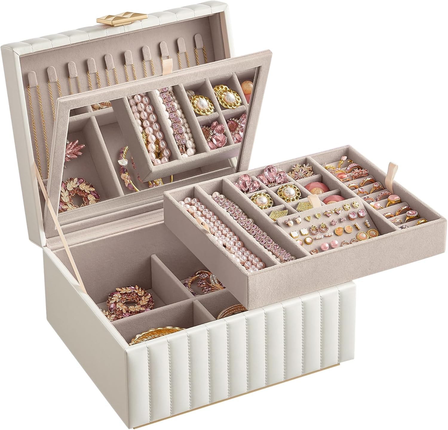 SONGMICS HOME JBC182W01 2-Tier Jewelry Box with Mirror in Cloud White