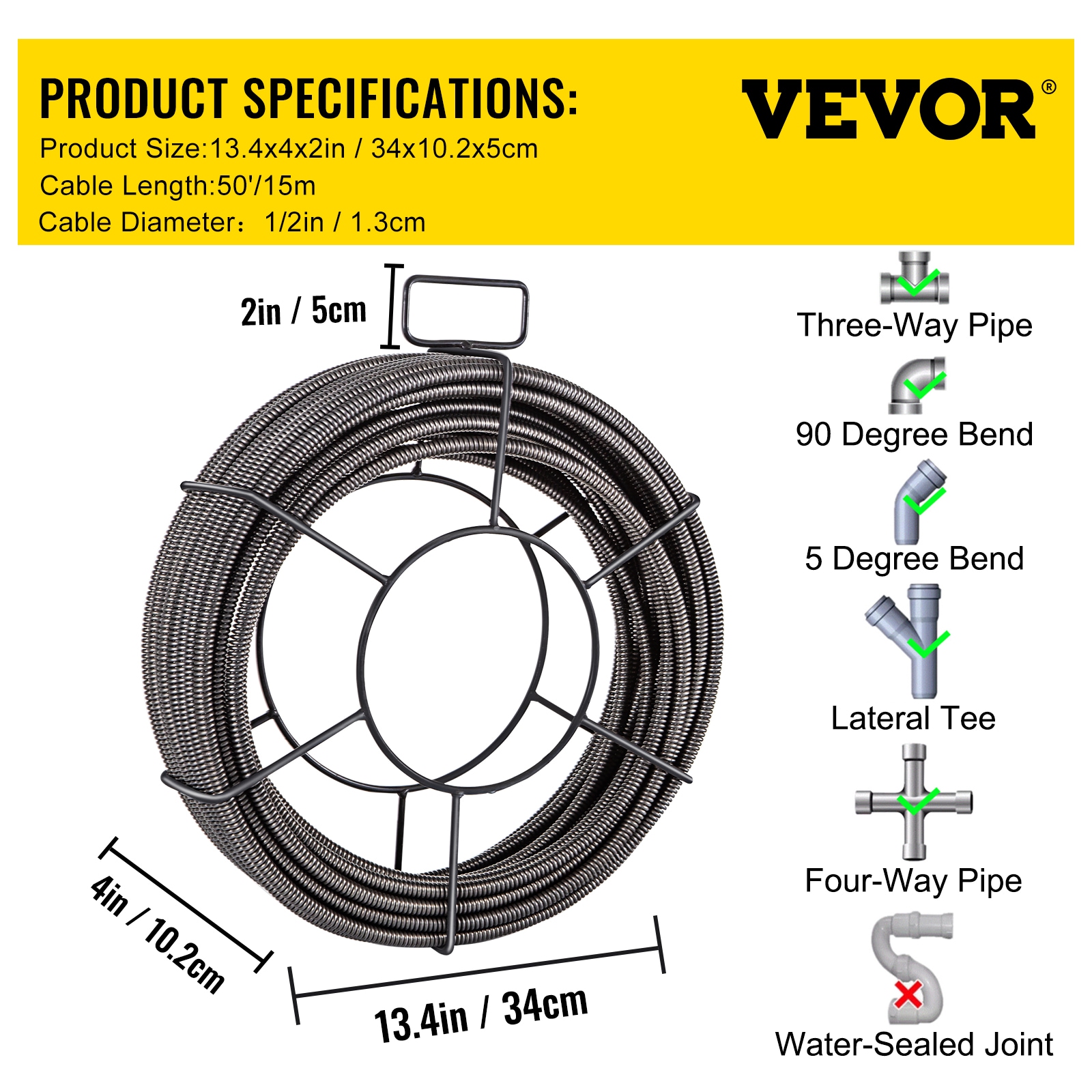 VEVOR Drain Cleaning Cable 50-ft Solid Core Cable Sewer Cable