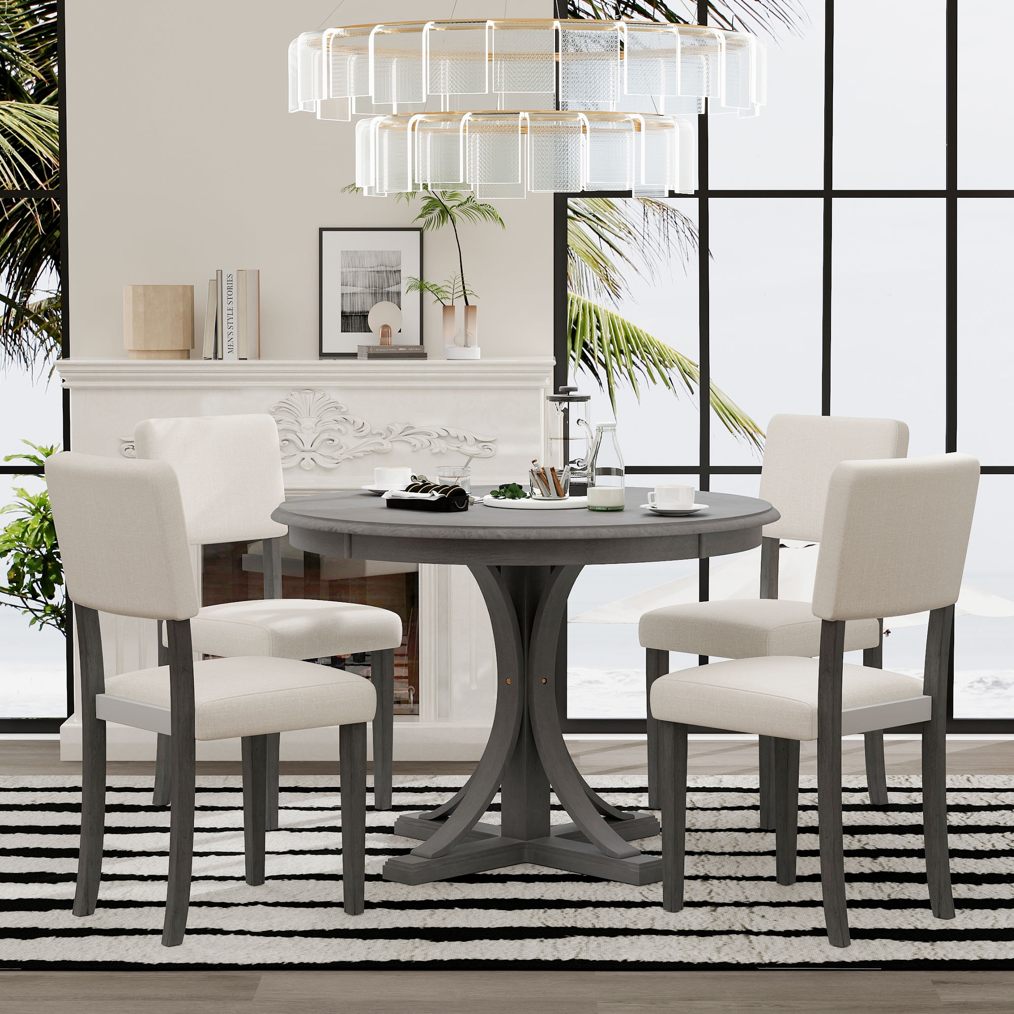 ModernLuxe ST000079AAE 5Piece Retro Round Dining Table Set with Curved Trestle Style Table Legs and 4 Upholstered Chairs for Dining Room Dark Gray