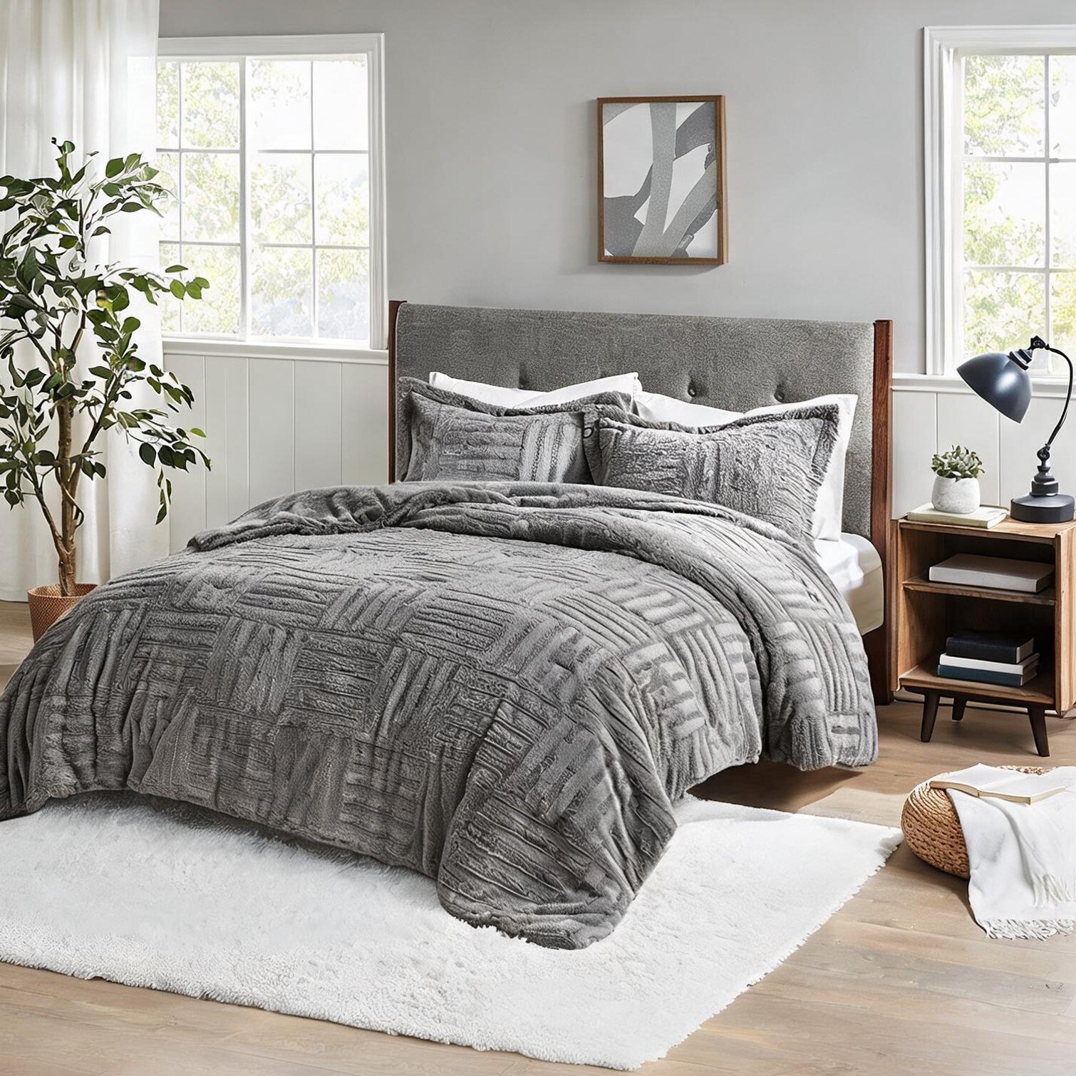 Watnature Slate Gray Faux Fur Full/Queen Comforter Set with Checkerboard Texture