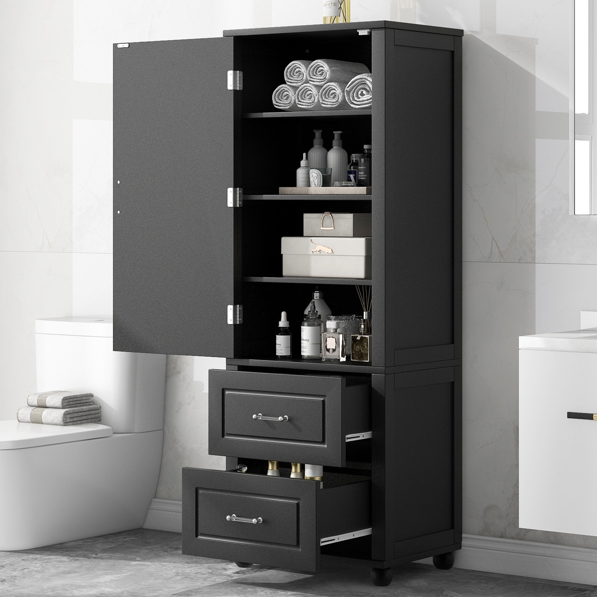 IAK 23 inch x 16 inch x 61 inch Black MDF Board Tall Bathroom Storage Cabinet with Two Drawers and Adjustable Shelf