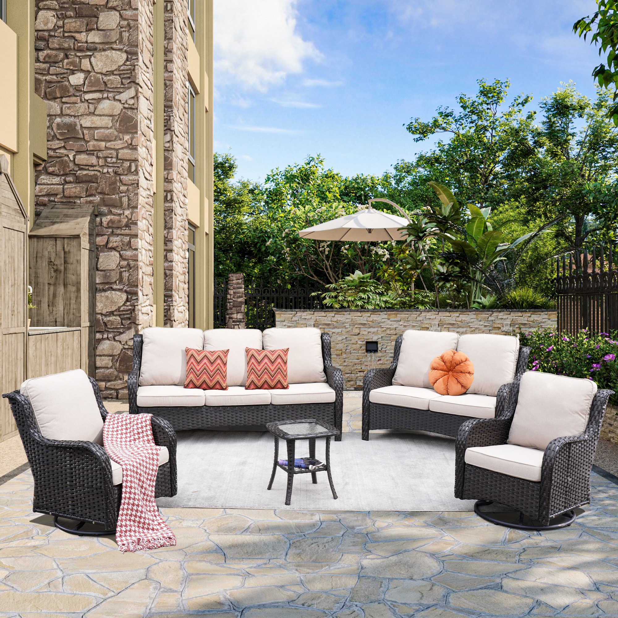 Ovios NTC6-6Y 5-Piece Wicker Patio Sofa Conversation Set with Off-white Cushions
