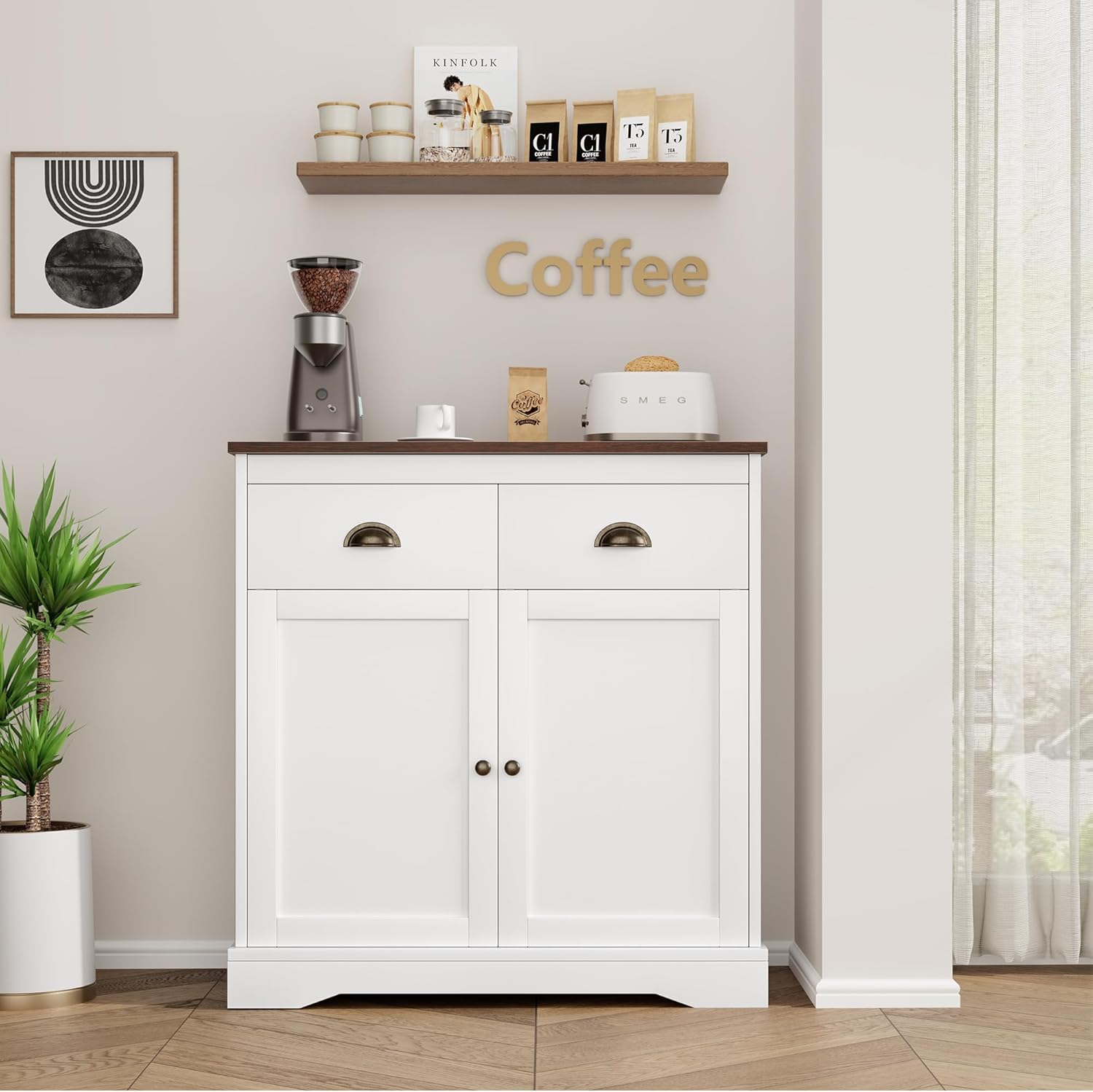 GarveeLife Modern Farmhouse Buffet Cabinet with 2 Drawers and Adjustable Shelf Double Door Kitchen Cabinet