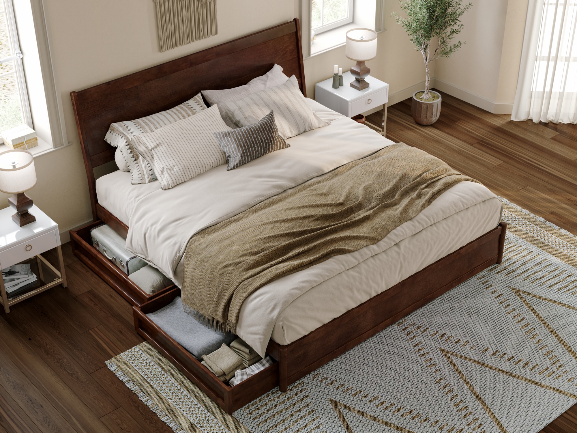Casanova Dark Walnut King Wood Platform Bed with Storage Drawers
