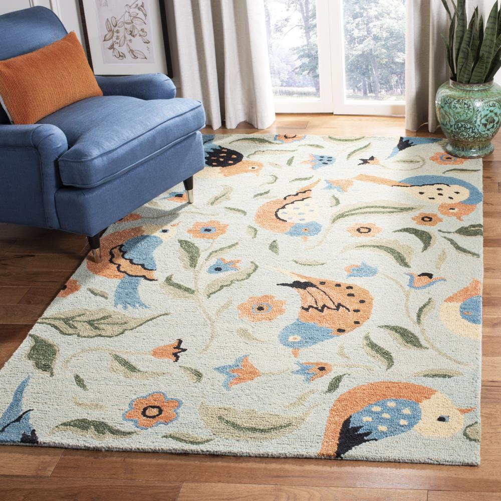 Handmade Tufted Blue Floral Square Wool Rug - 6' x 6'