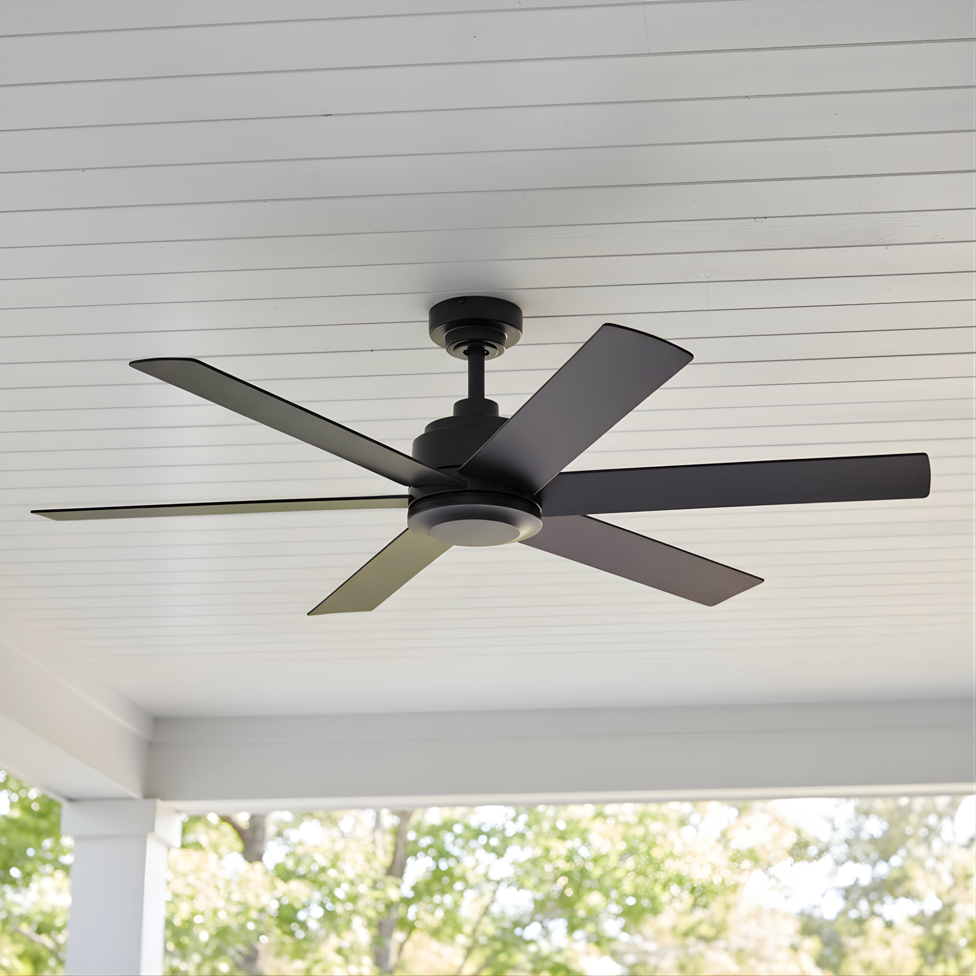 Harbor Breeze Greystone Easy2Hang 52-in Matte Black with Matte Blades Uncovered Outdoor Downrod or Flush Mount Ceiling Fan Without Light and Wall Control Included 6 -Blade