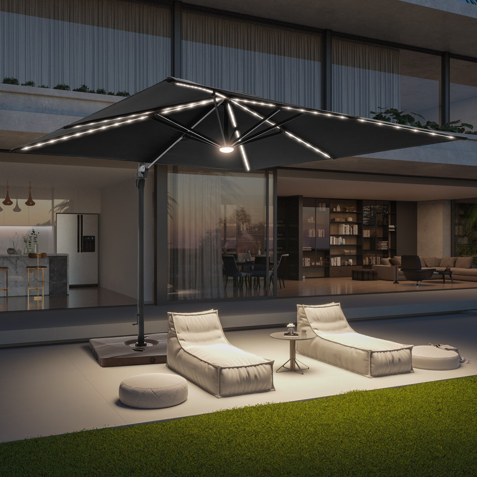 ACEGOSES LW-WB-LED1010BK 10-Feet Aluminum Black No-tilt Cantilever Patio Umbrella with Lights and with Base