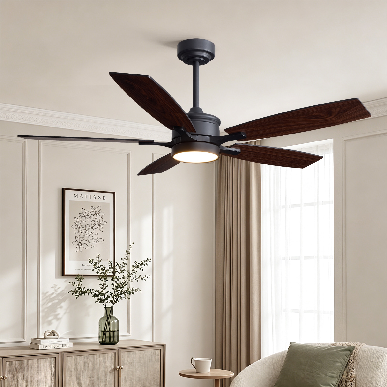 SILJOY - 52-In Modern Matte Black 5-Blade Ceiling Fan with LED Light and Remote Control Integrate...