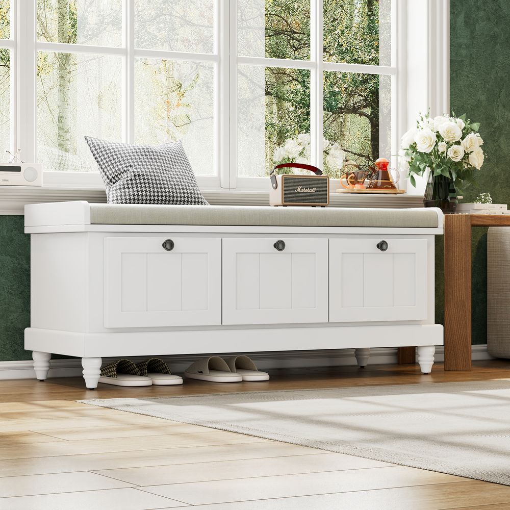 Blisstyle TREXM Classic Shoe Bench With Cushion And Three Drawers Fluted Entryway Bench With Storage For Living Room Entryway And Hallways White Old SKU N715P207812K Entryway Shoe Storage Organizer Bench Shoe Shelf Shoe Rack