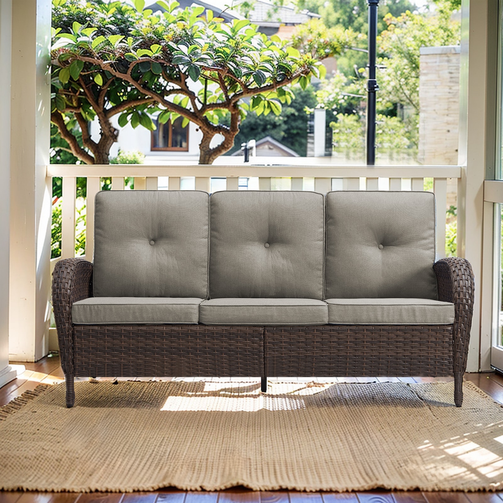  PA114-3 PASOFA-T Wicker Outdoor Sofa with Gray Cushions and Steel Frame