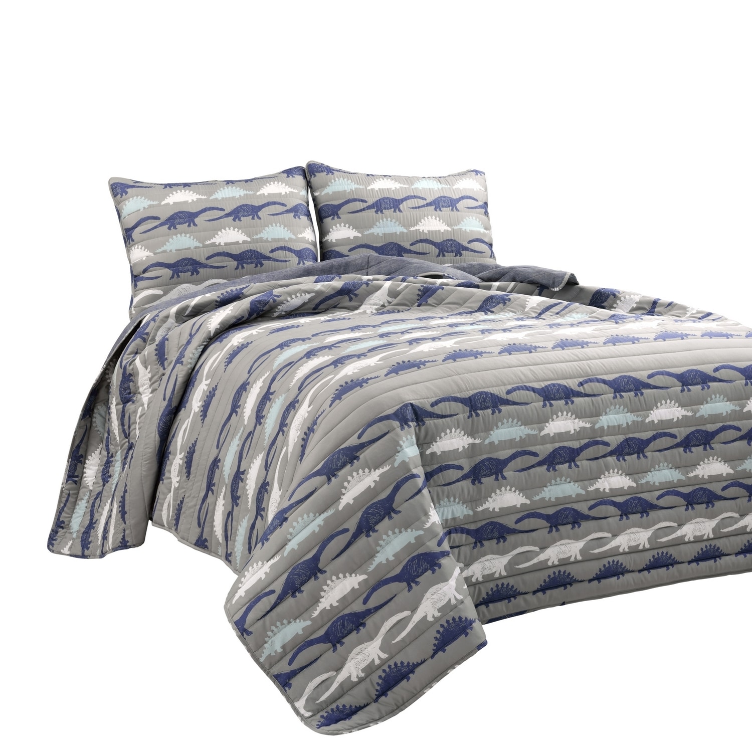 Navy and Gray Dinosaur Reversible Twin Microfiber Quilt Set