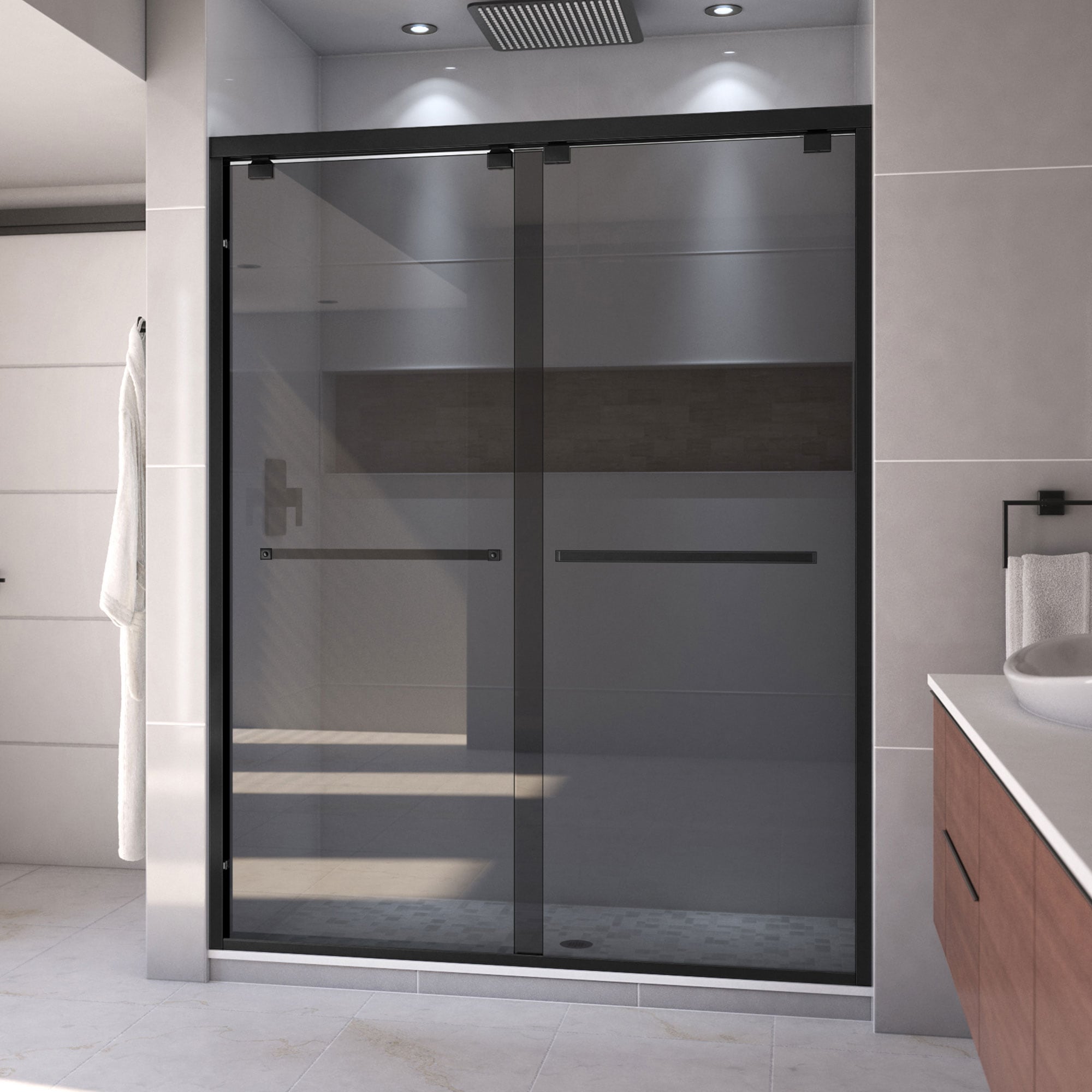 DreamLine SHDR-166076G-09 Encore Matte Black 56-in to 60-in W x 76-in H Semi-frameless Bypass Sliding Shower door 5/16-in Thick Smoke gray Glass