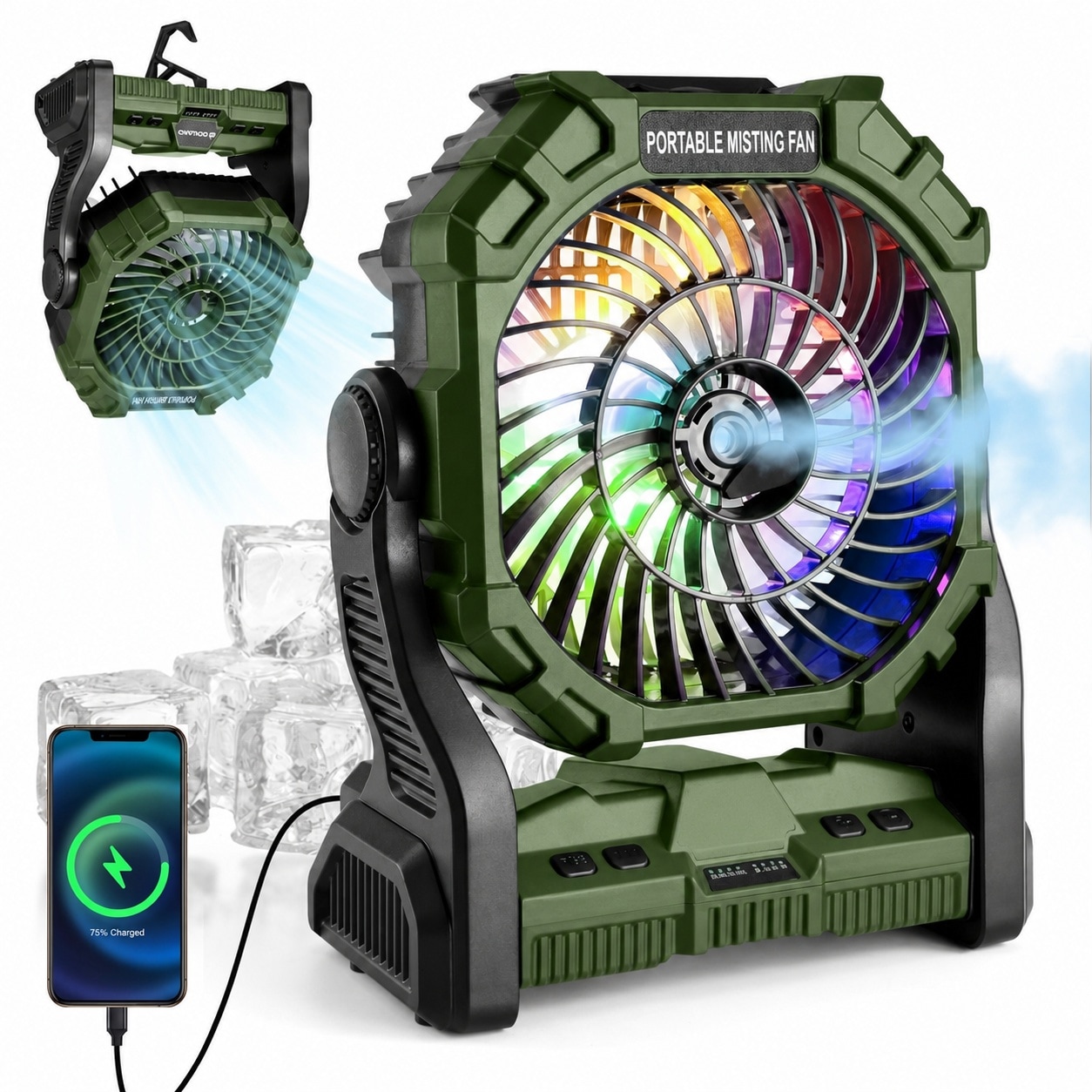 Justincity  Portable Camping Fan with Spray 250mL Water Tank Tent Fan with Hook and Colorful Light 4 Speeds Quiet Outdoor Cooling for Patio Beach