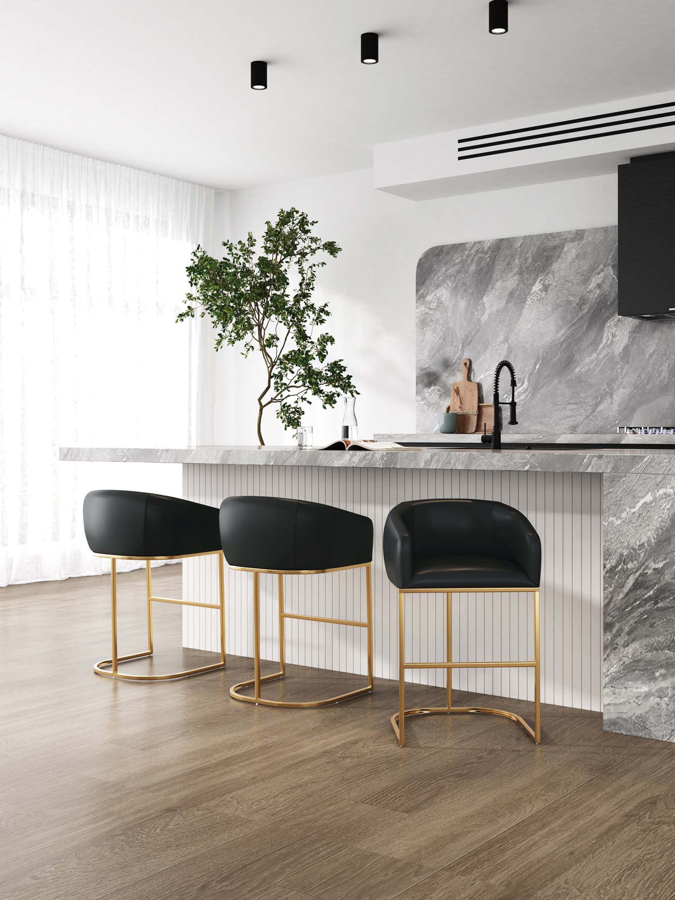 Set of 3 Black Leather and Gold Metal Barstools