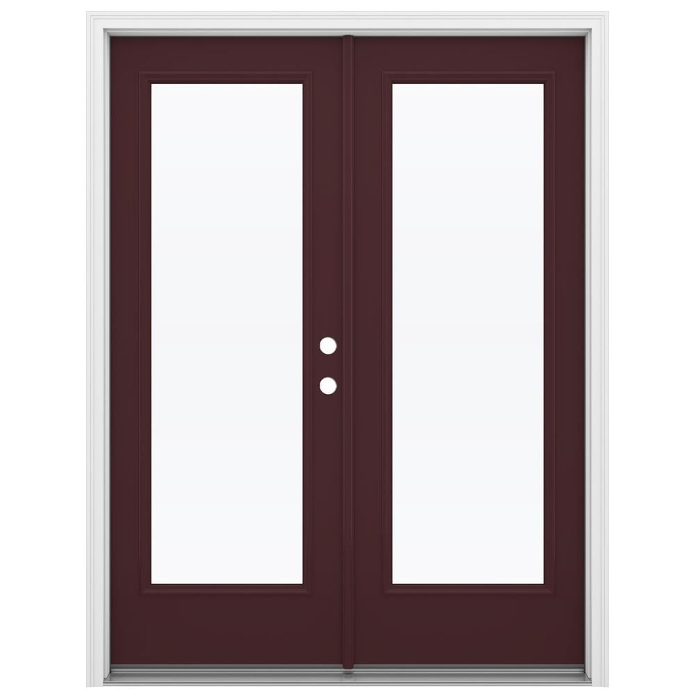 JELD-WEN 60-in x 80-in x 4-9/16-in Jamb Low-e Currant Fiberglass French Left-Hand Inswing Double Patio Door Brickmould Included in Red -  LOWOLJW182200027