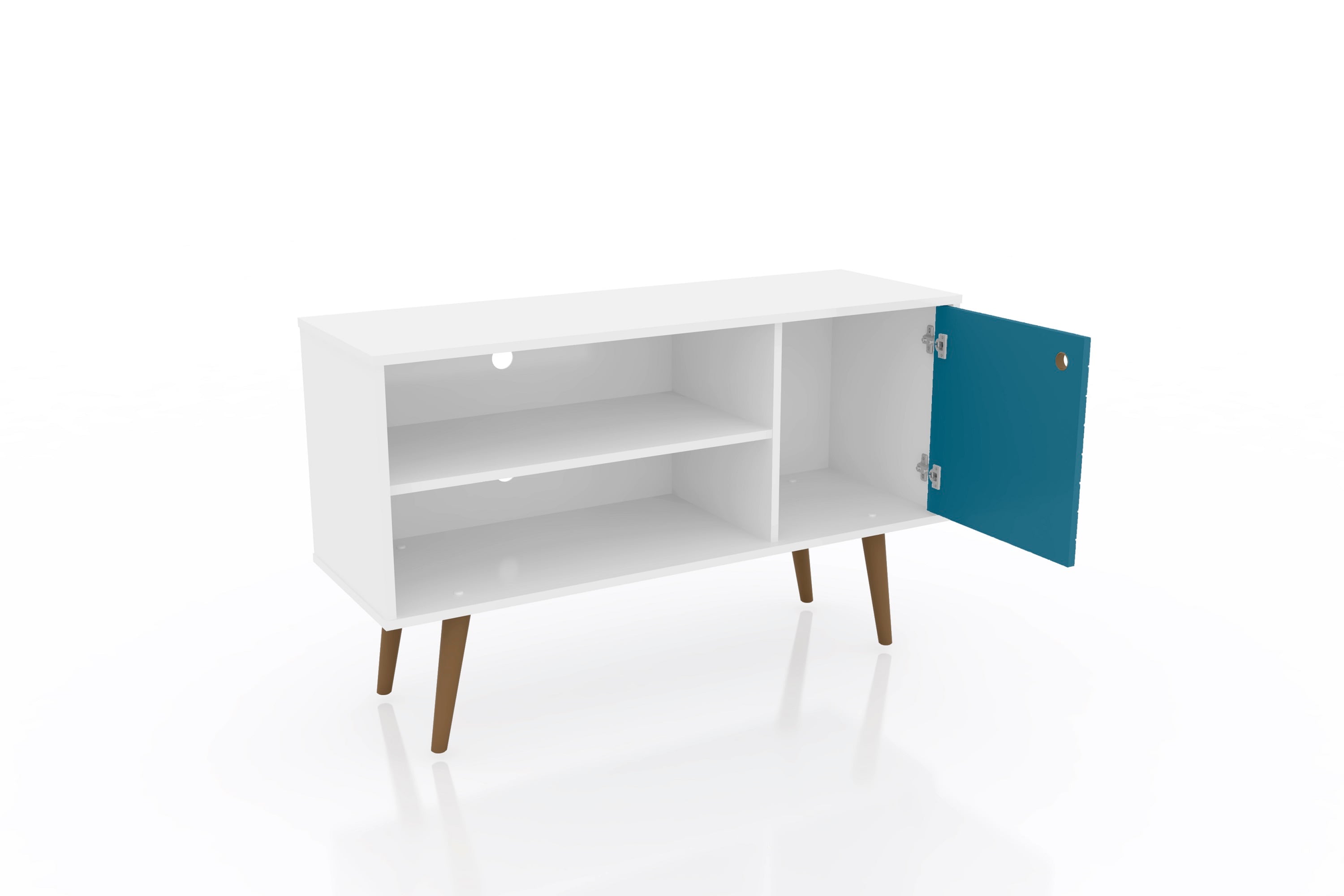 White and Aqua Blue Mid-Century Modern TV Stand with Cabinet