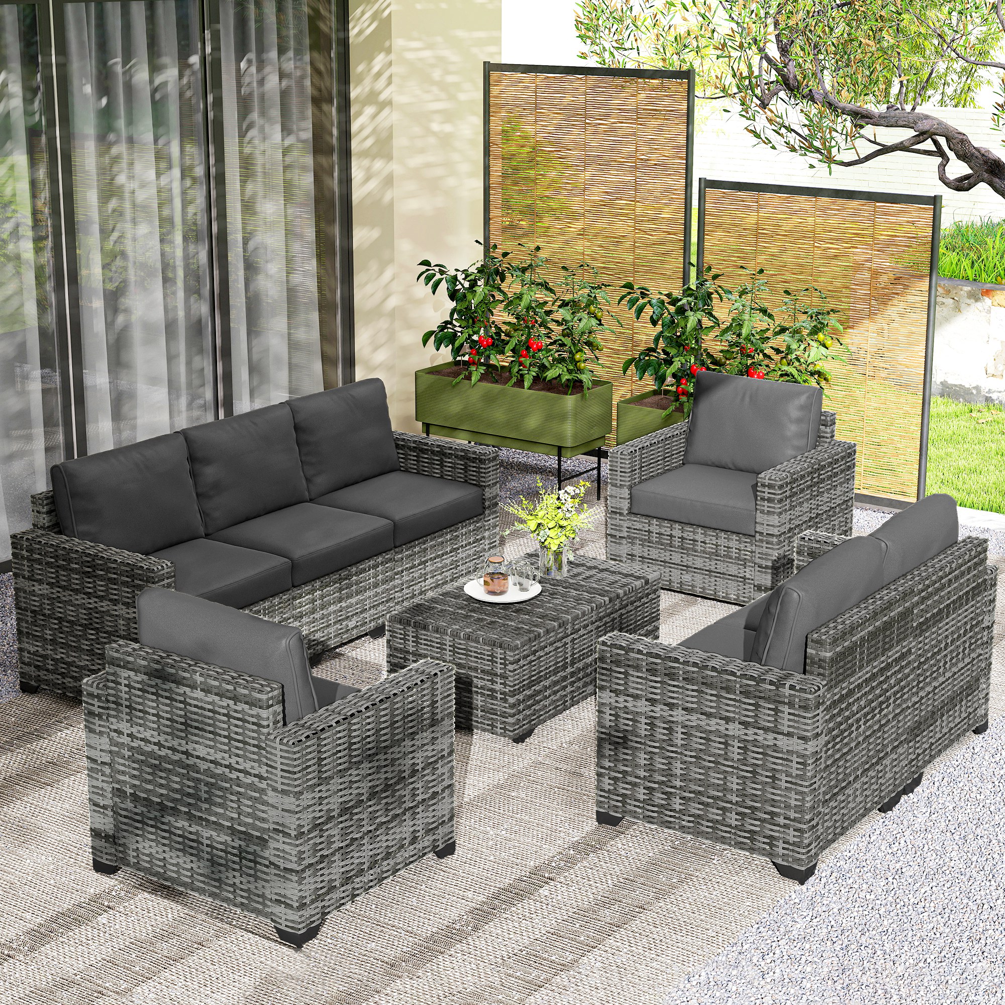 Outsunny 860-309V00GG 5 Piece Patio Furniture Set with Cushions Outdoor PE Rattan Wicker Conversation Sofa Set with Storage Bin Coffee Table Dark Gray