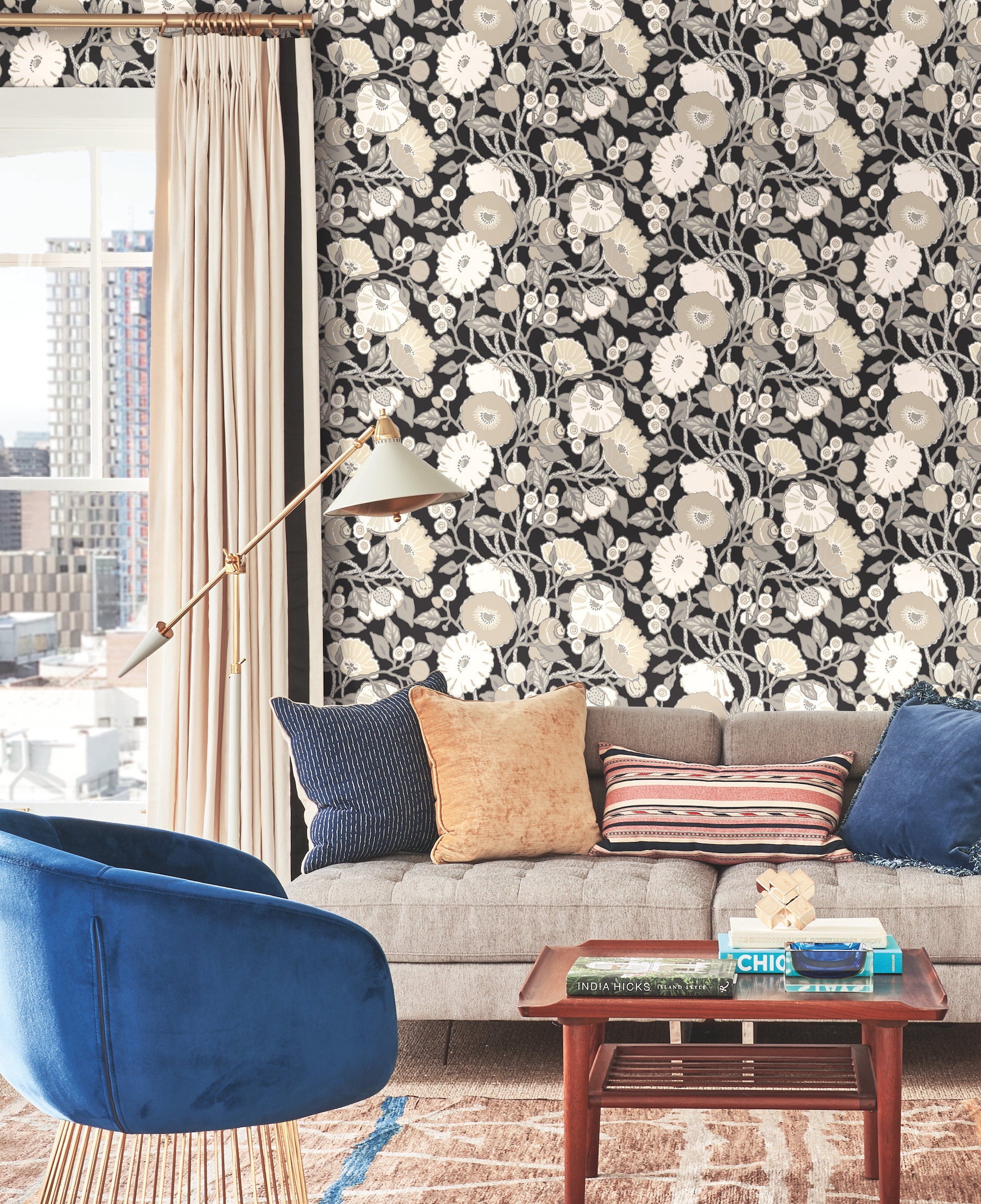 York Wallcoverings BW3981 Black and White Resource Library 60.8-Sq. Feet Black Non-woven Floral Prepasted Water Activated Paste Wallpaper