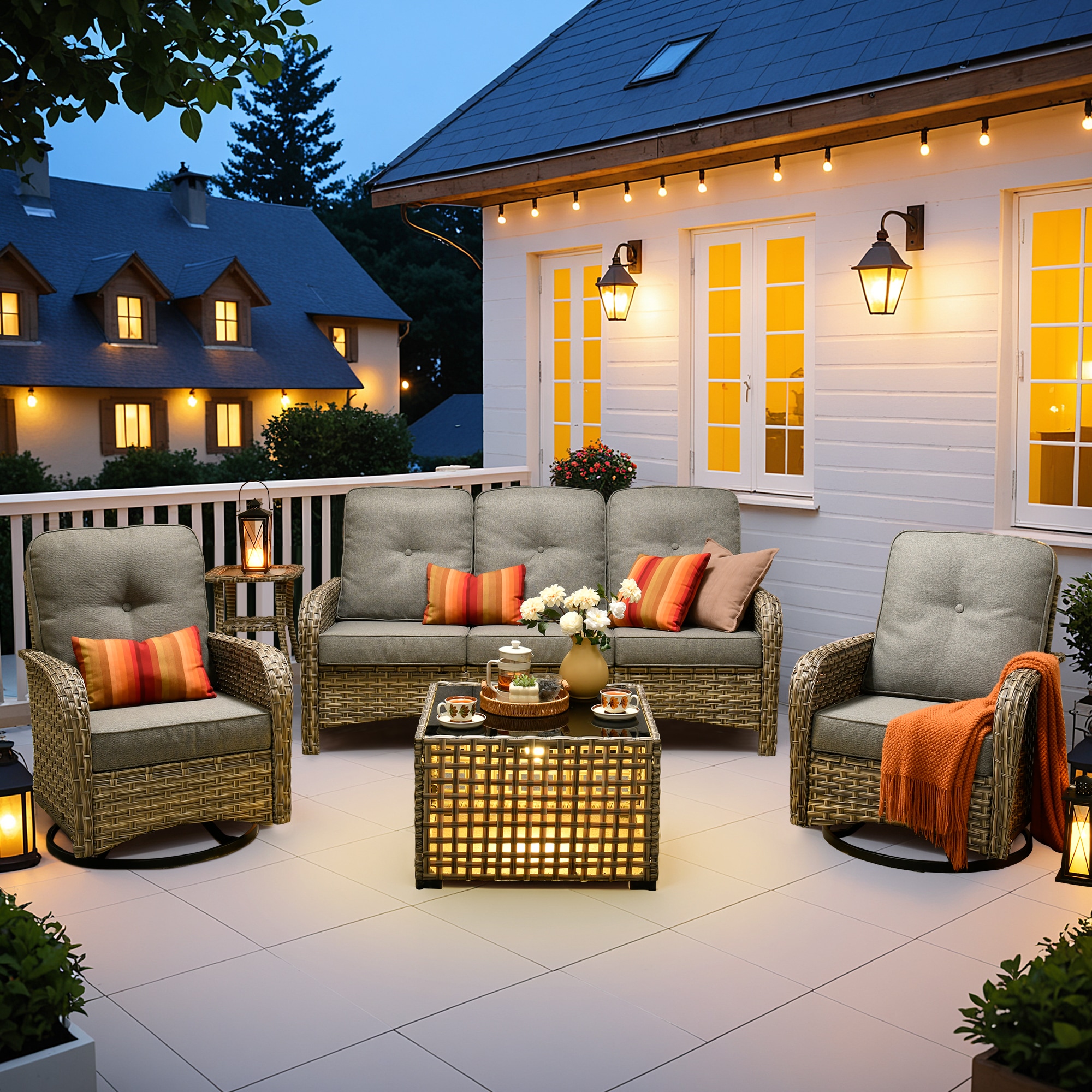 Pouuin 5 -Piece Wicker Patio Sofa Conversation Set with Dark Gray Cushions Polyester | SYZVNC205