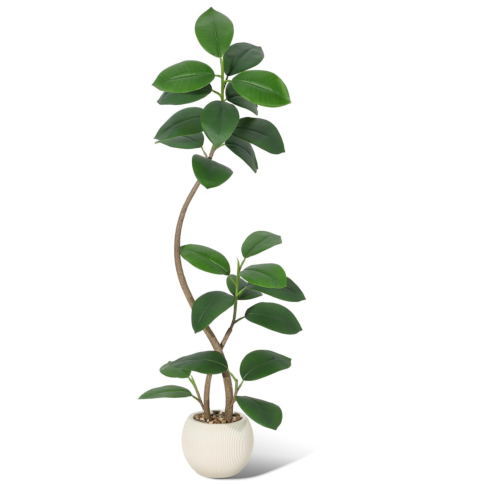 Garvee 5FT Artificial Rubber Tree with Dual Stems Realistic Green Leaves Tall Indoor Faux Plant in White Pot with Decorative Stones Perfect for Home Office Entryway Decor